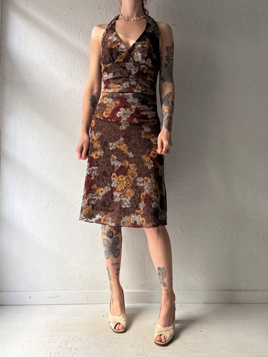 90s 'Le Chateau' Brown Lace Grunge Halter Dress / Small