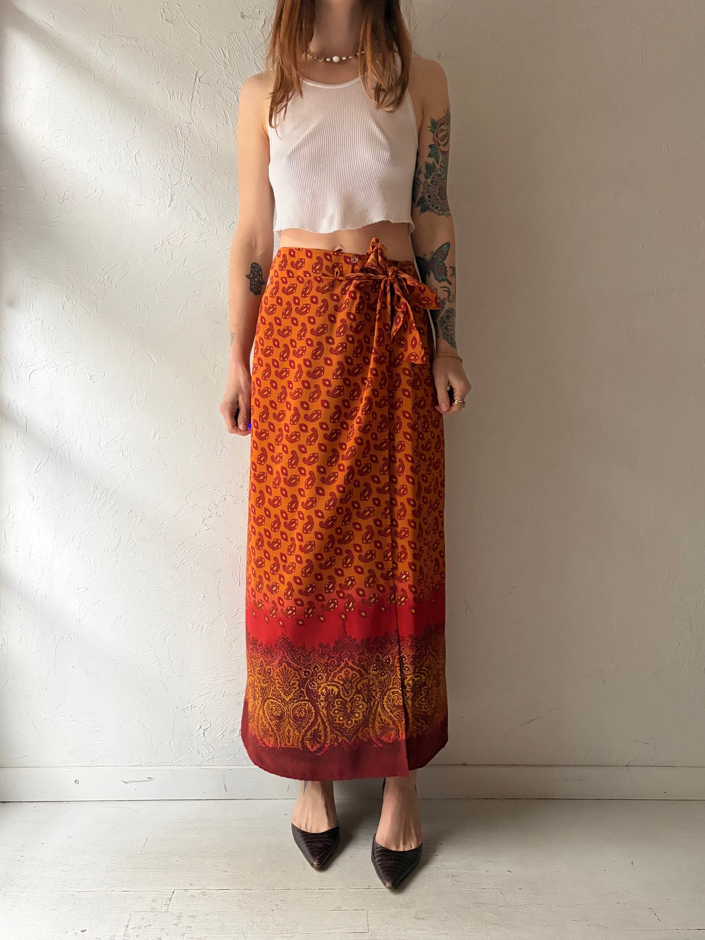 90s 'Karen Scott' Orange Patterned Hippie Boho Wrap Maxi Skirt / Small