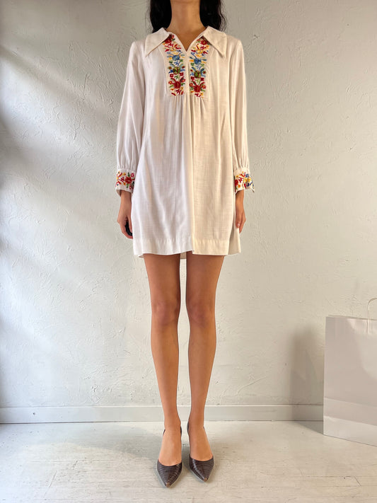 70s Embroidered Long Sleeve Mini Dress / Union Made / Small