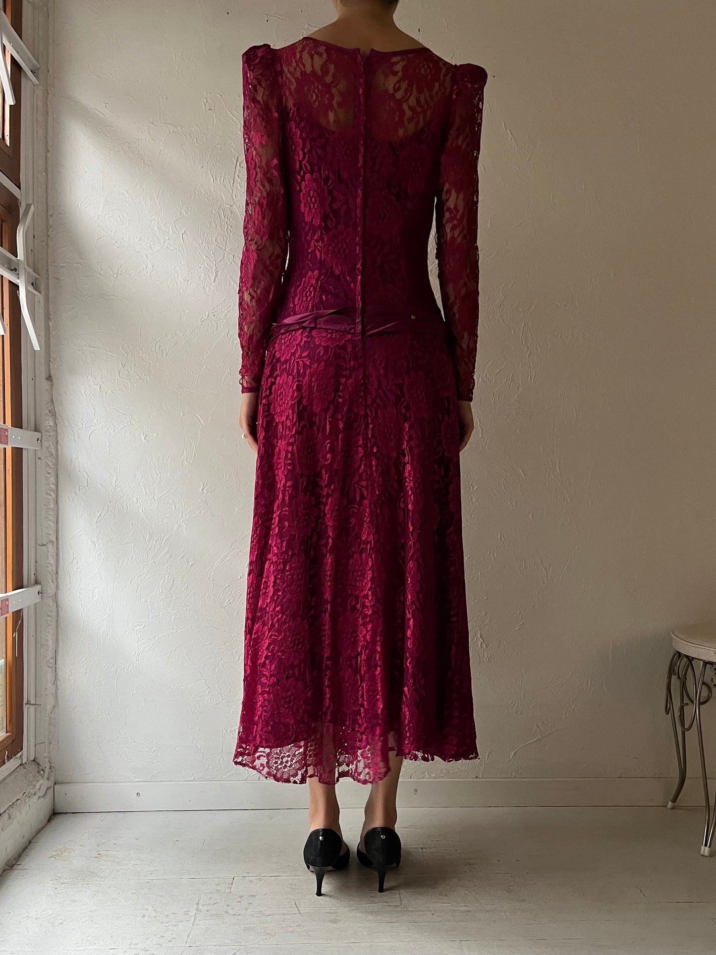 80s 'Highlite' Burgundy Lace Dress / Medium