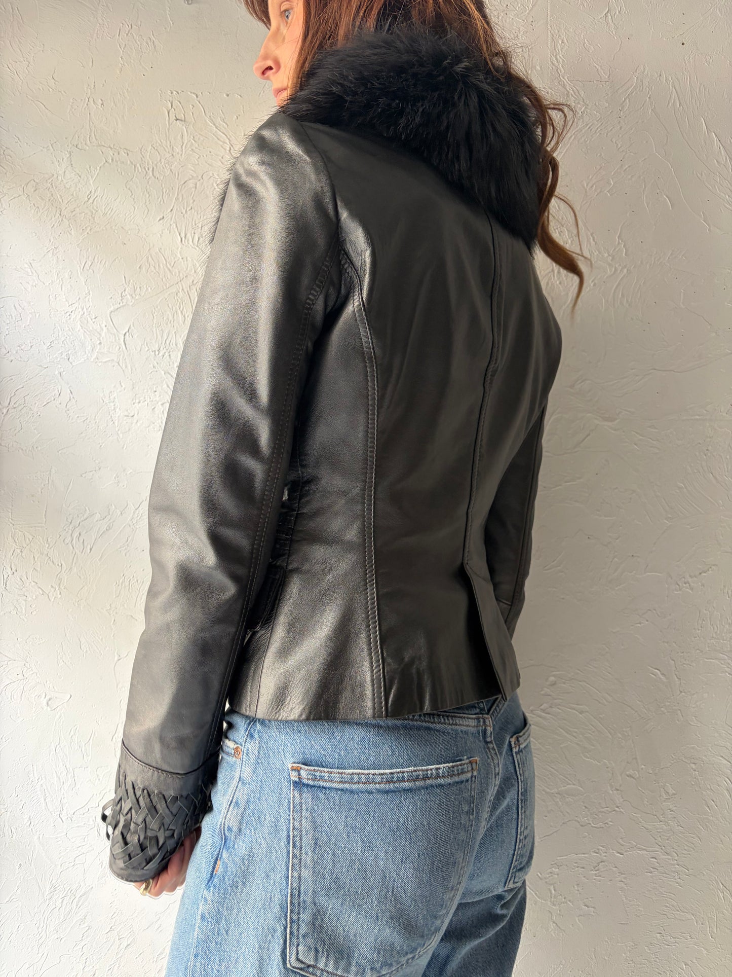 90s 'Cache' Black Mod Leather Jacket with Fur Collar / Small