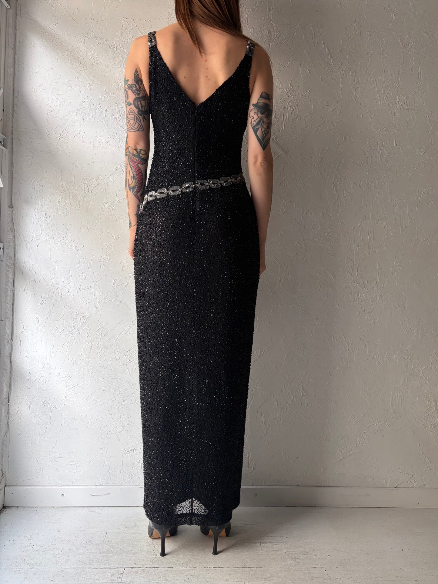 80s 'Scala' Black Beaded Retro Formal Party Maxi Dress / Medium