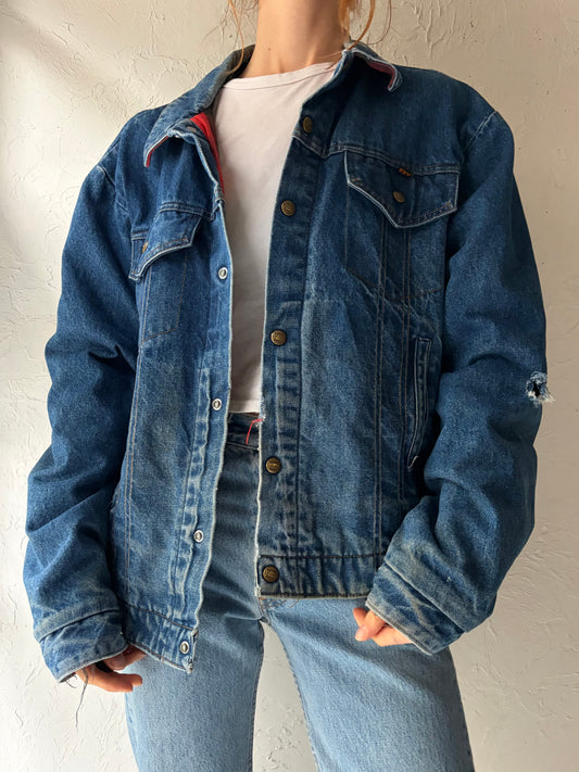 80s ‘Key’ Red Plaid Cotton Lined Denim Jacket / Medium