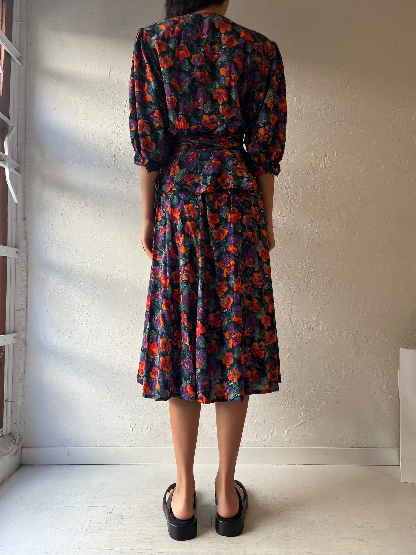 80s 'Jaegar' Floral Print Midi Dress / Small