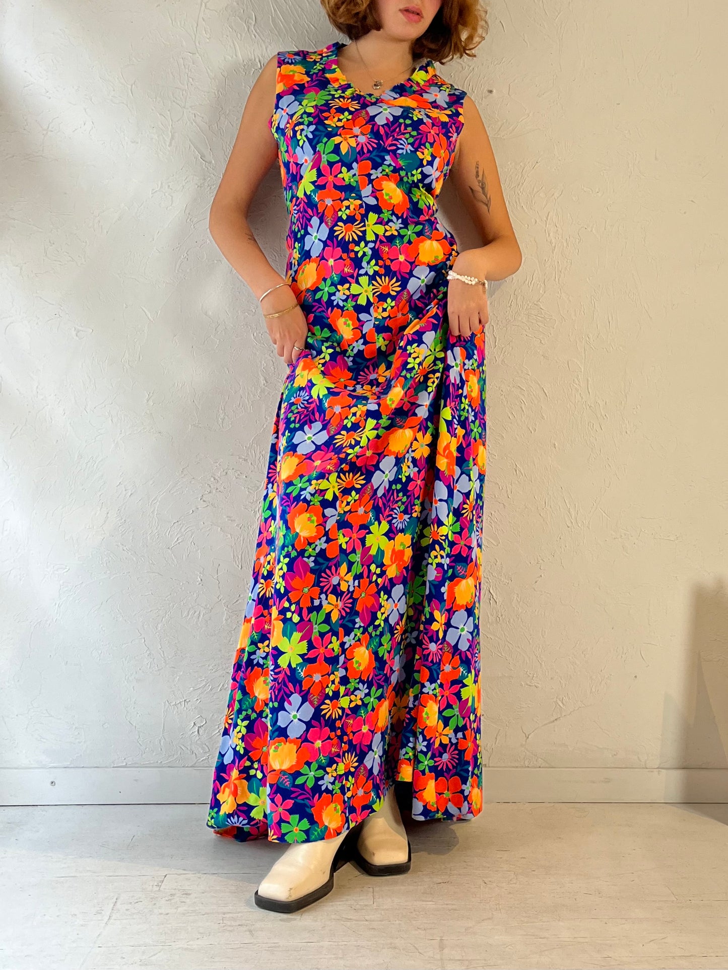 Vintage Handmade Retro Floral Print Maxi Dress / Medium