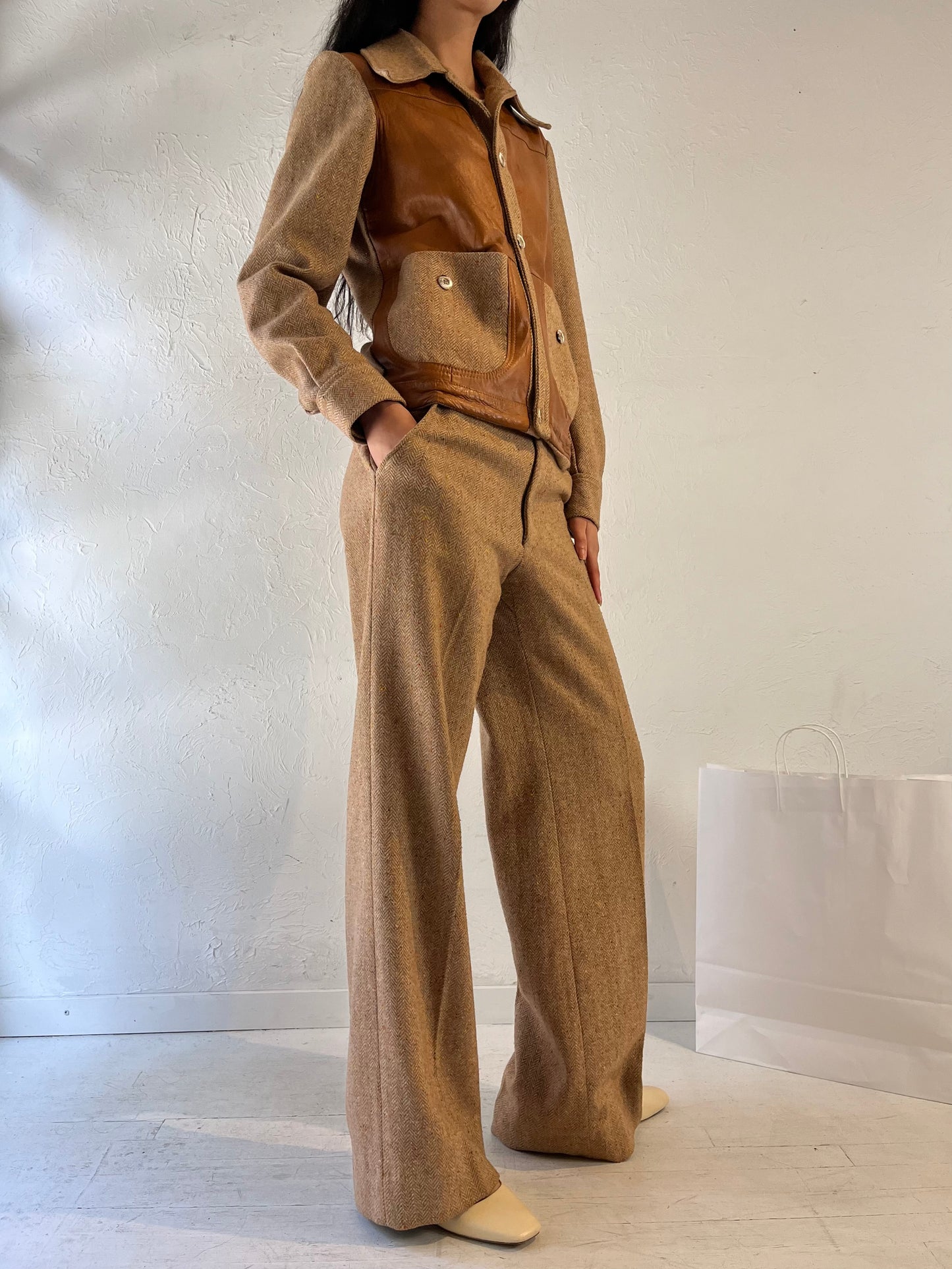 70s 'Oggi' Beiege Knit Matching Pants Jacket Set / Medium