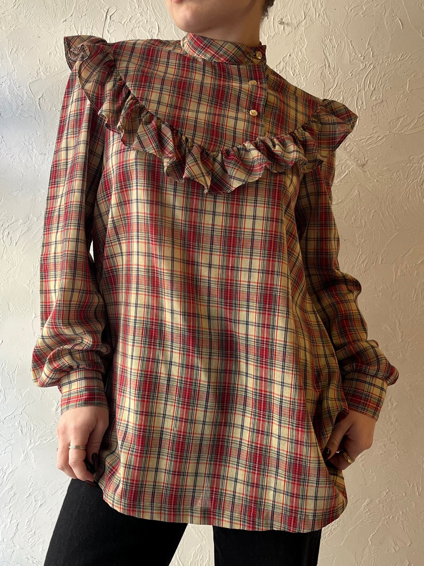 70s ‘Andra Inc’ Plaid Western Ruffle Blouse / Medim