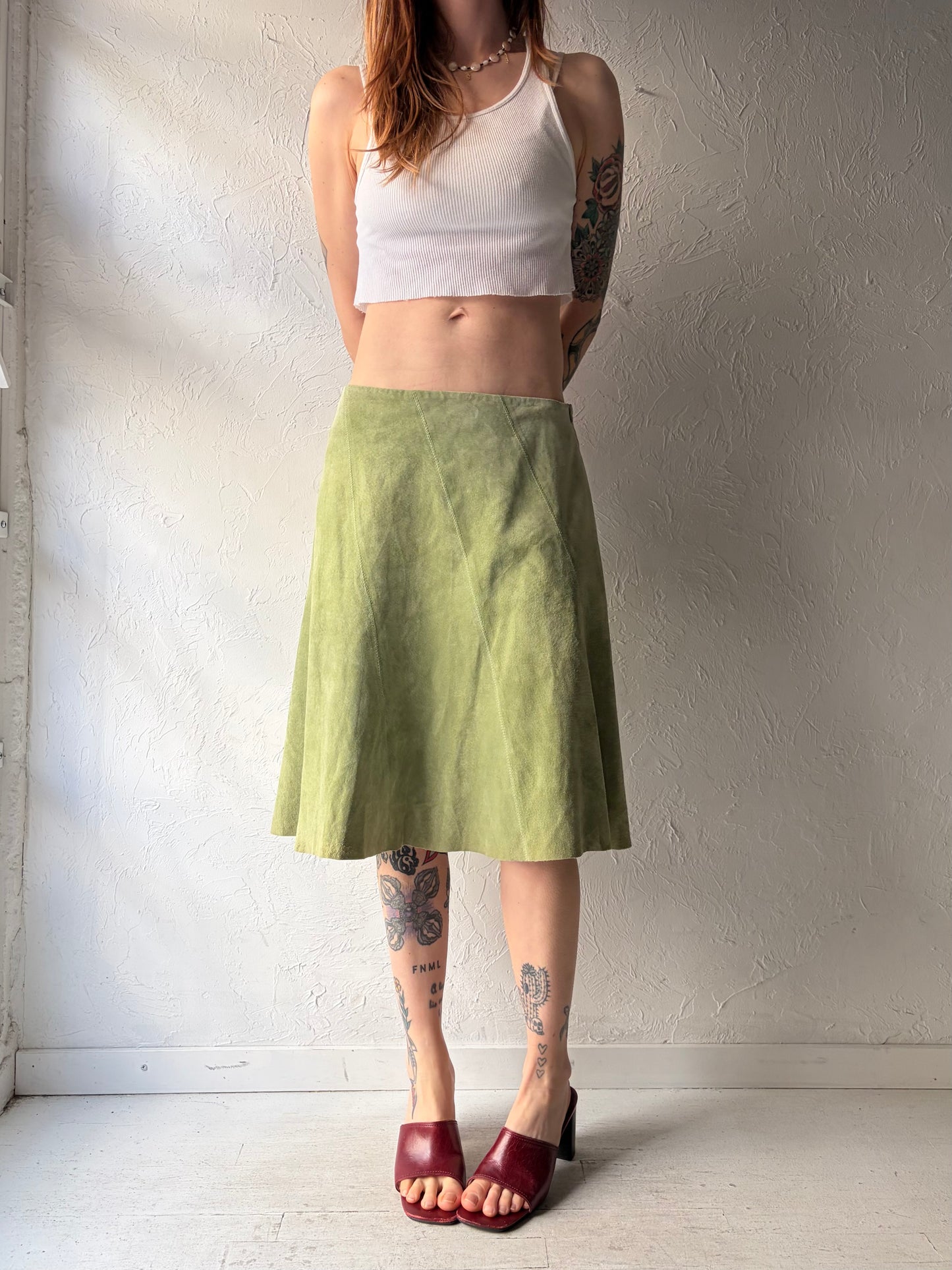 Y2k 'Wear Else' Green Suede Sprint Midi Skirt / Medium