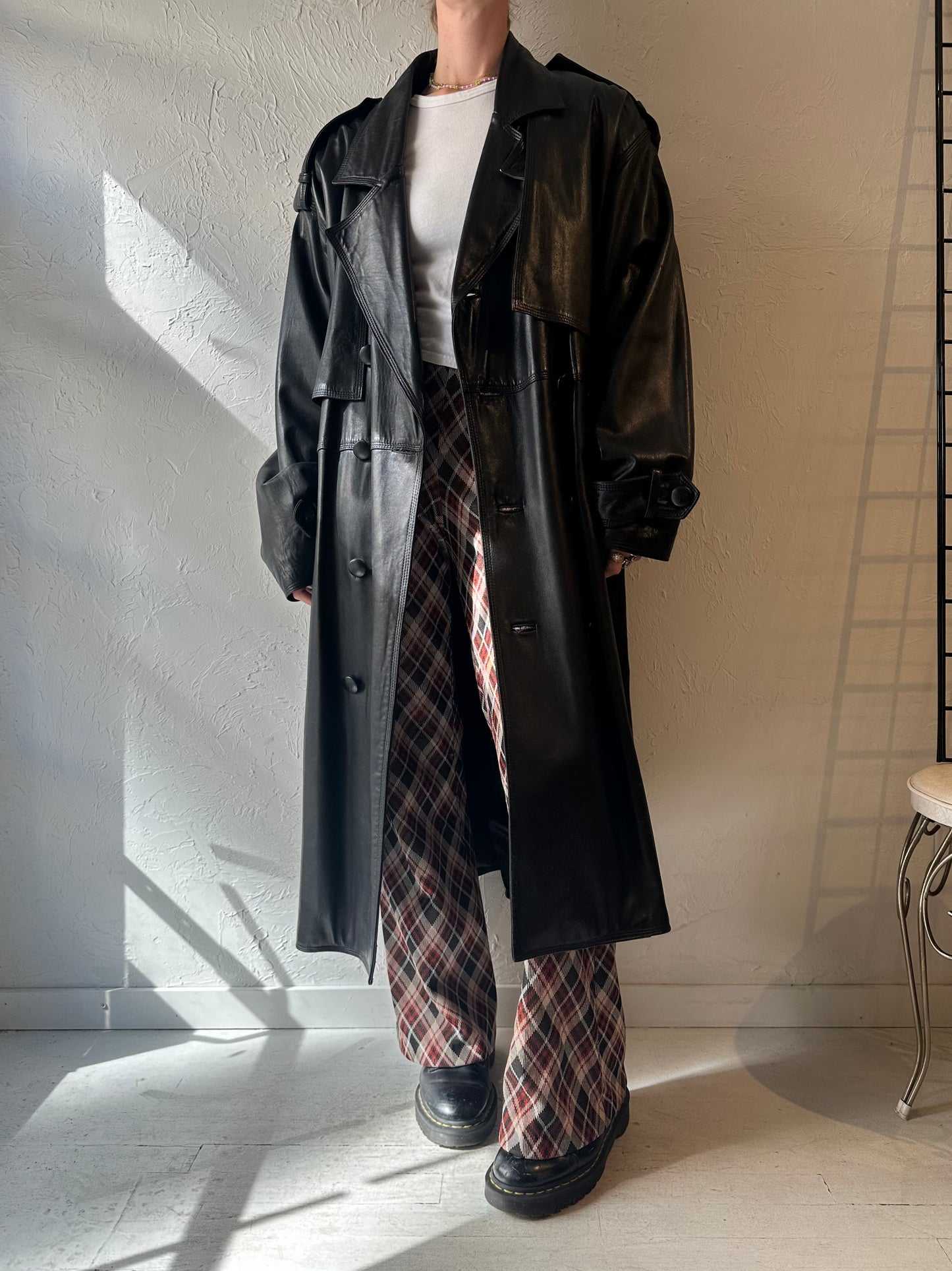 90s 'Nancy Lord' Black Leather Trench Coat / Large