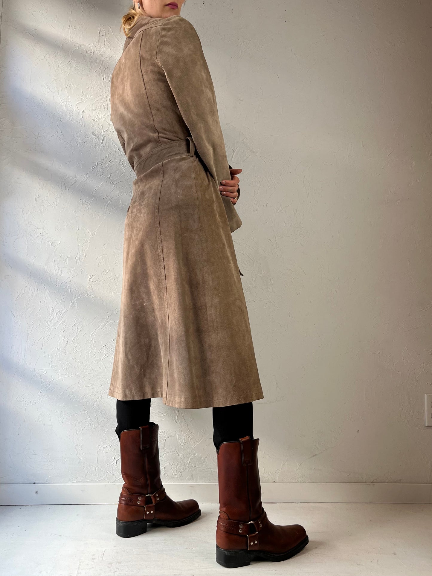 80s Brown Suede Leather Trench Coat / Small