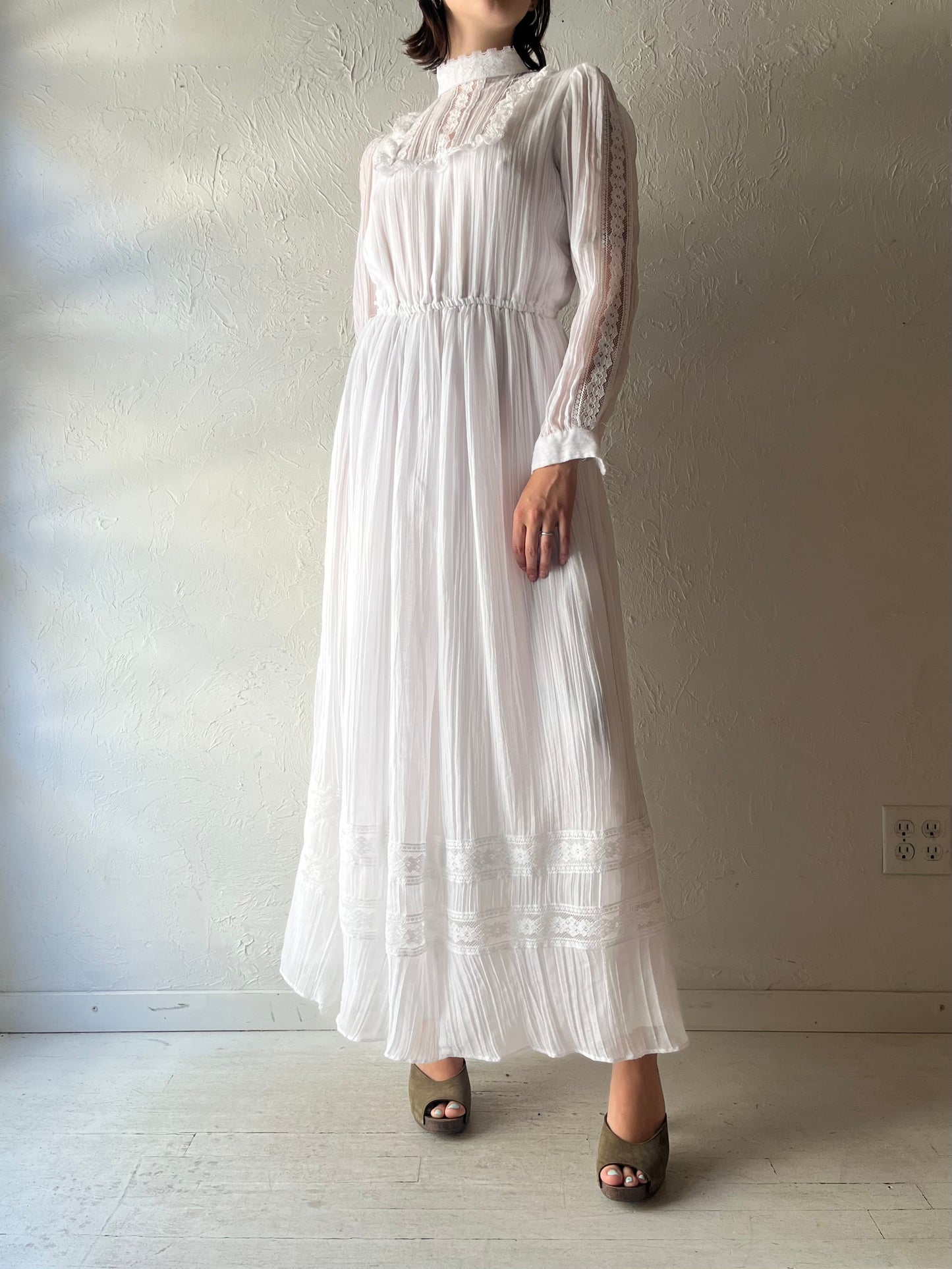 70s 'Souffle' White Romantic Prairie Girl Summer Maxi Dress / Vintage 1970s Boho Hippie Long Sleeve Dress / Small - Medium