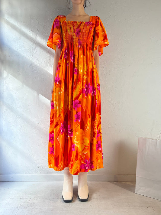 70s Floral Print Hippie Maxi Dress / Small