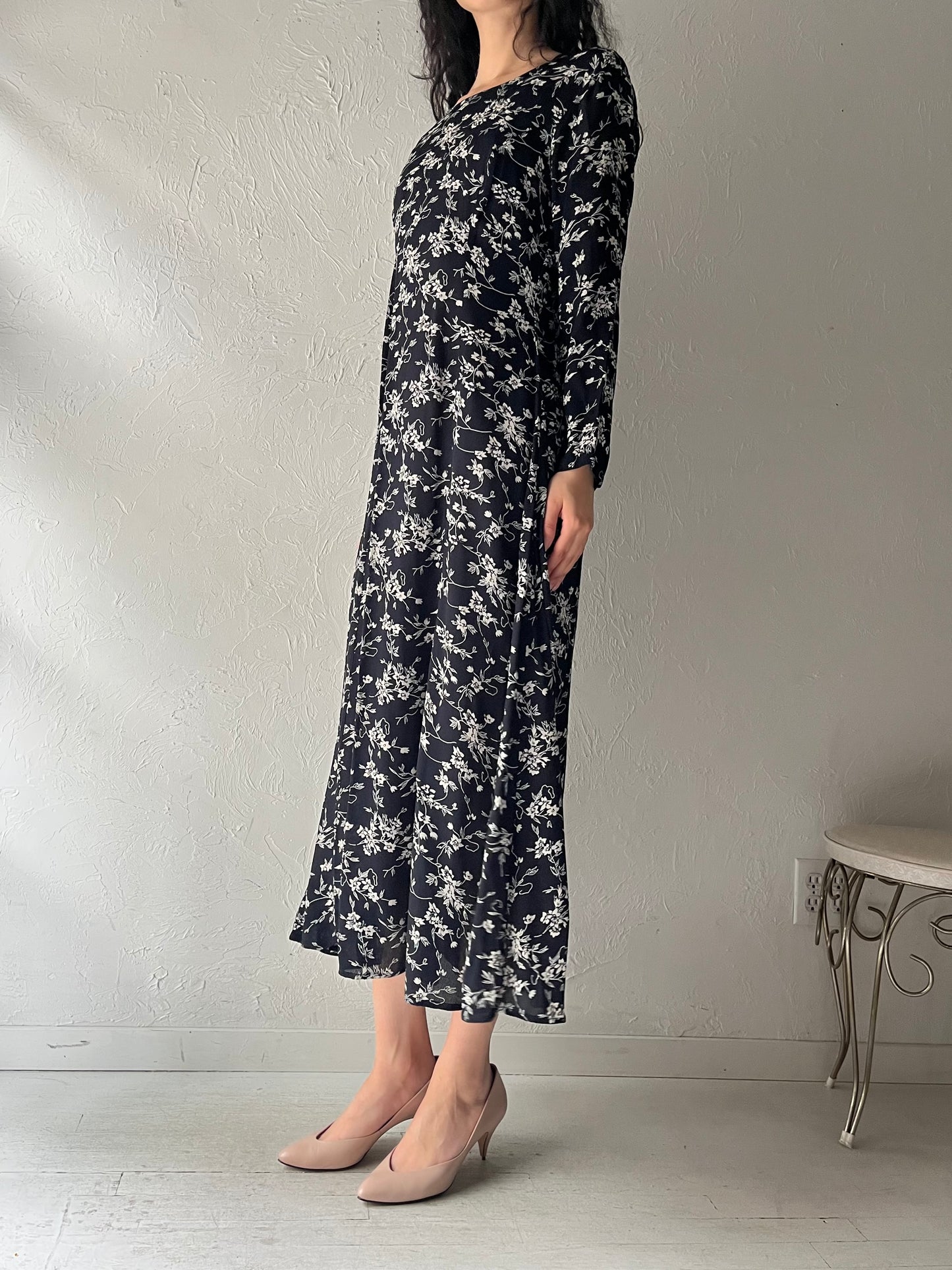 Vintage Black Floral Long Sleeve Rayon Maxi Dress / Medium - Large