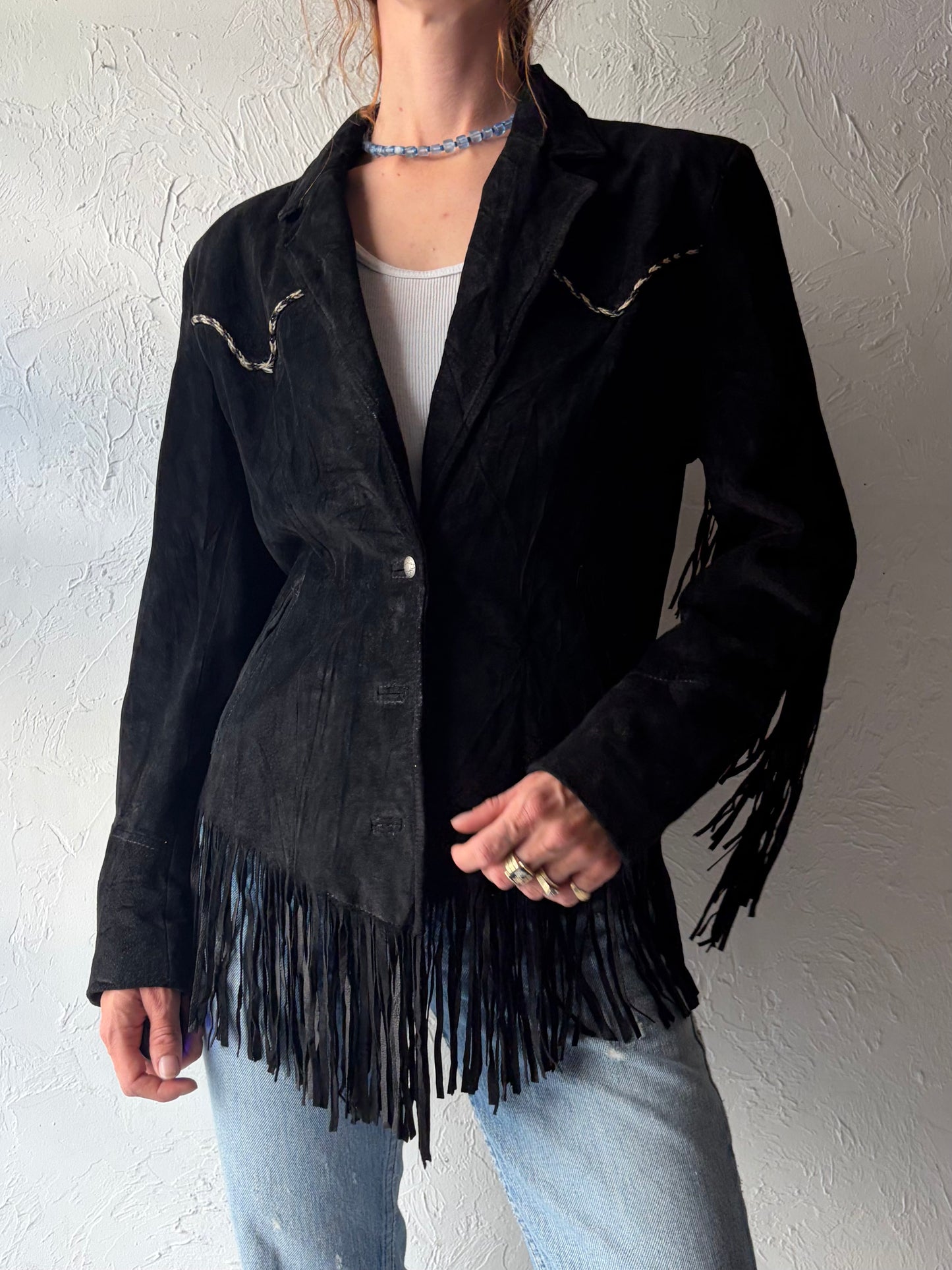 90s 'Pioneer Wear' Black Suede Leather Fringe Jacket / Medium