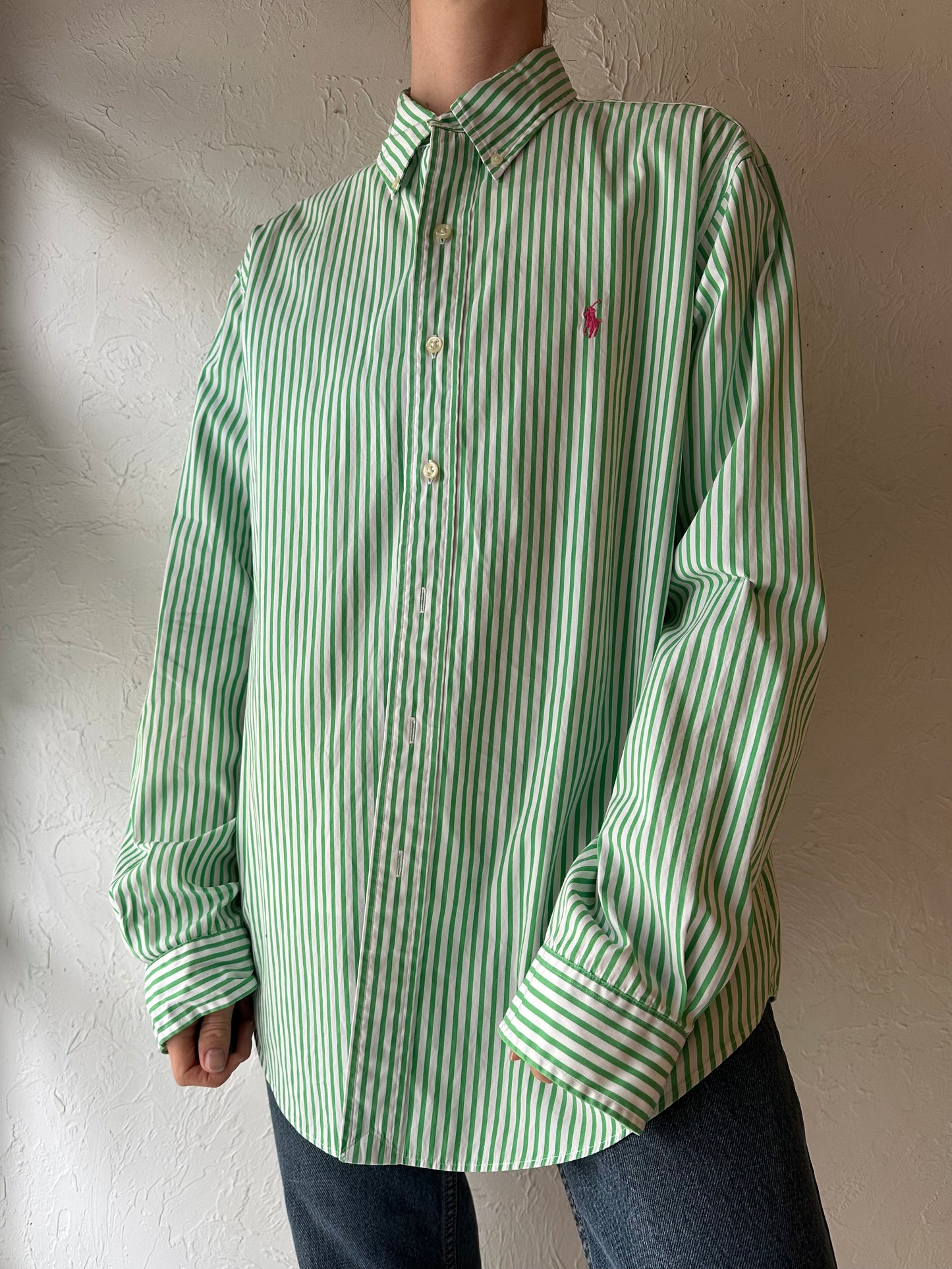 Y2k 'Ralph Lauren' Green Striped Button Up Shirt / Large