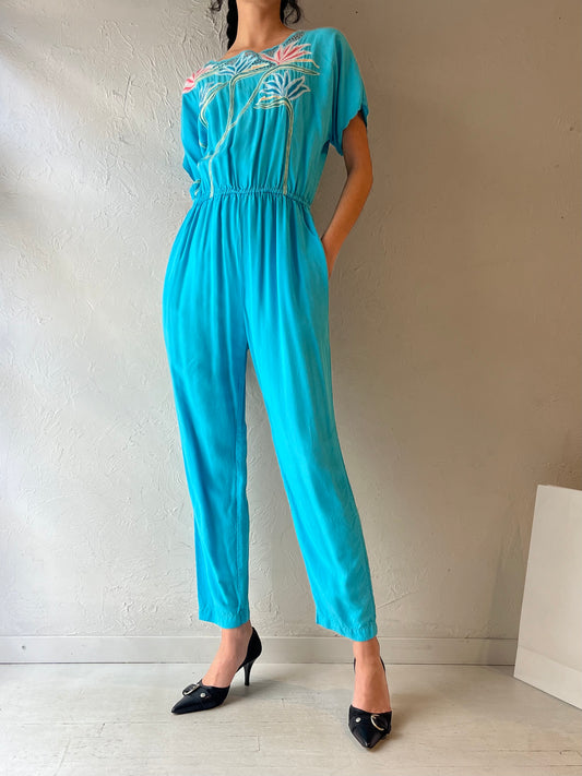70s ‘Hibis’ Blue Crochet Jumpsuit / Small