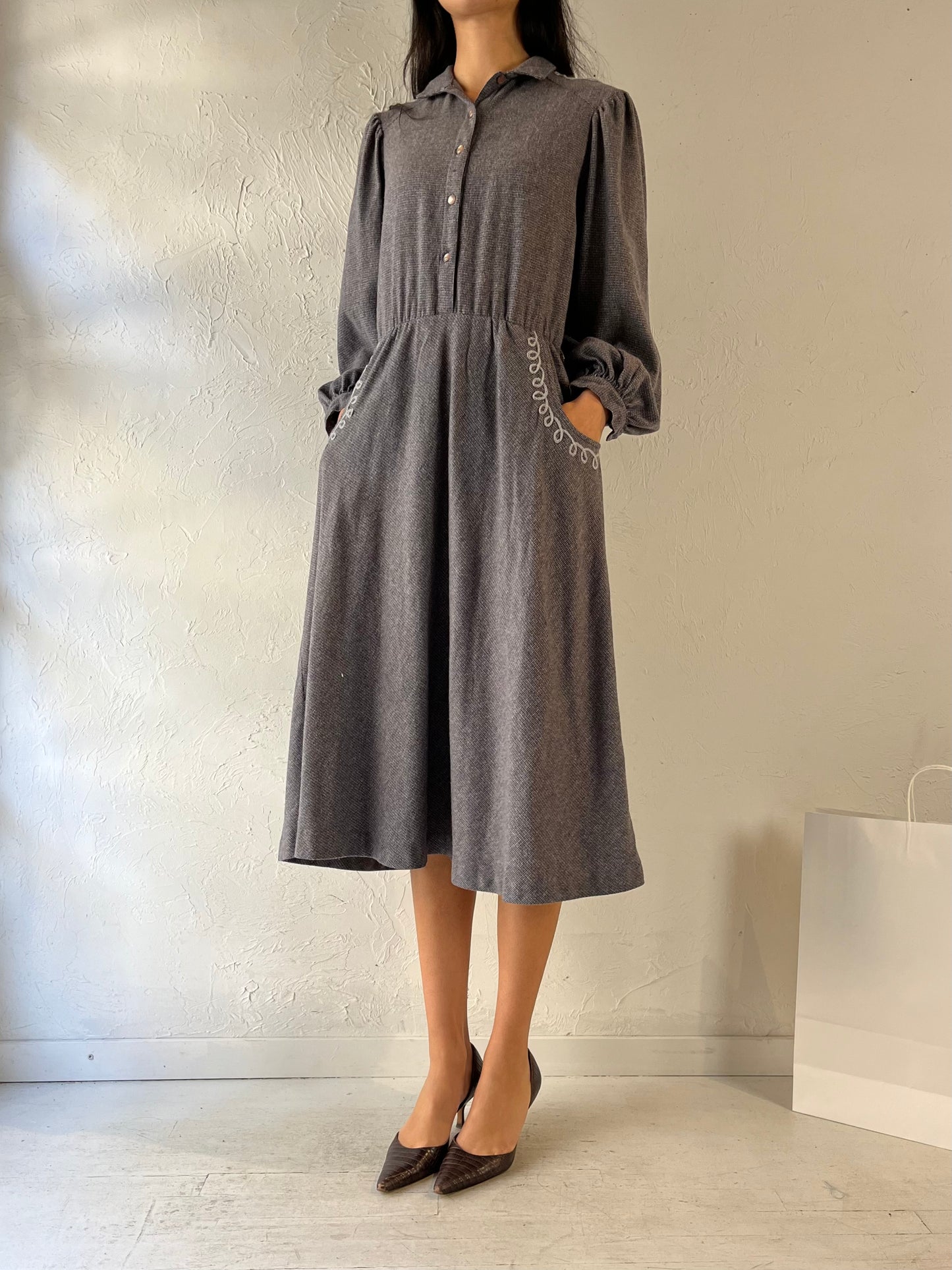 80s ‘Frenzy’ Gray Knit Western Dress / Medium