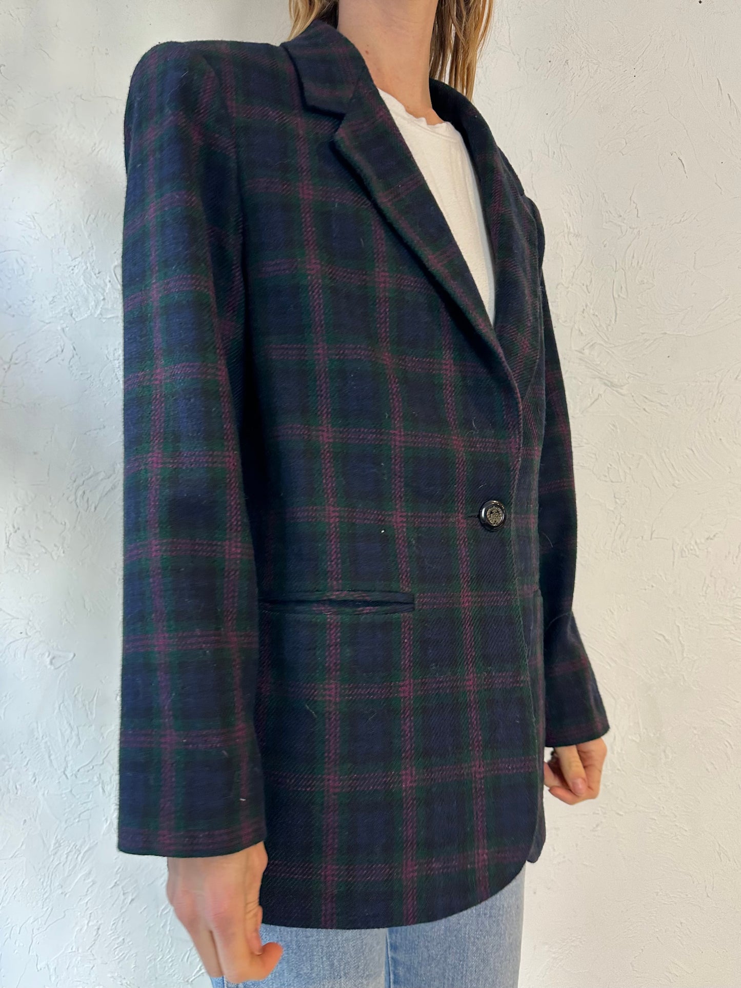 90s 'Requirements' Blue Plaid Blazer Jacket / Medium - Large