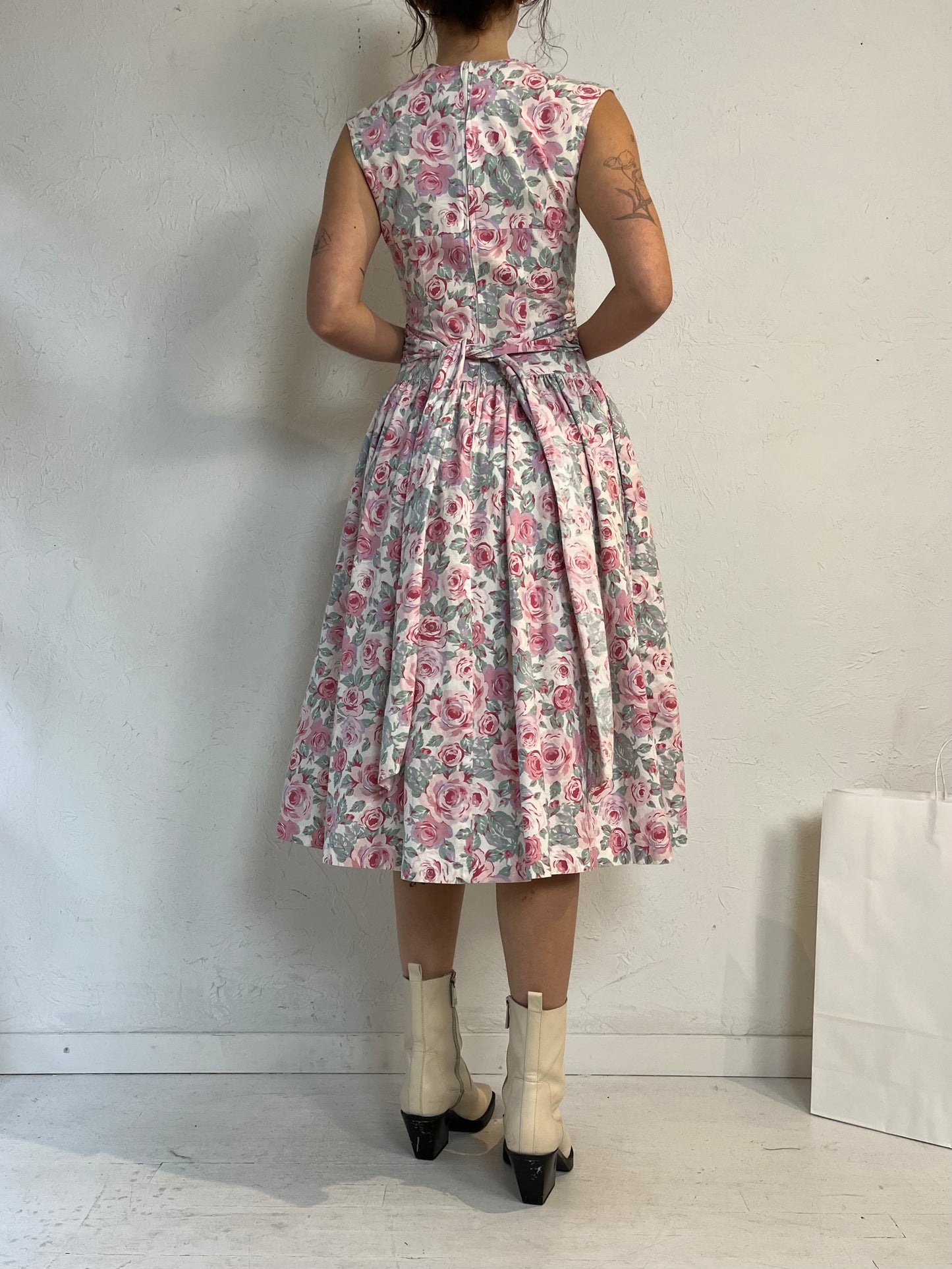 90s 'Joni Blair' Pink Floral Print Cotton Day Dress / Small