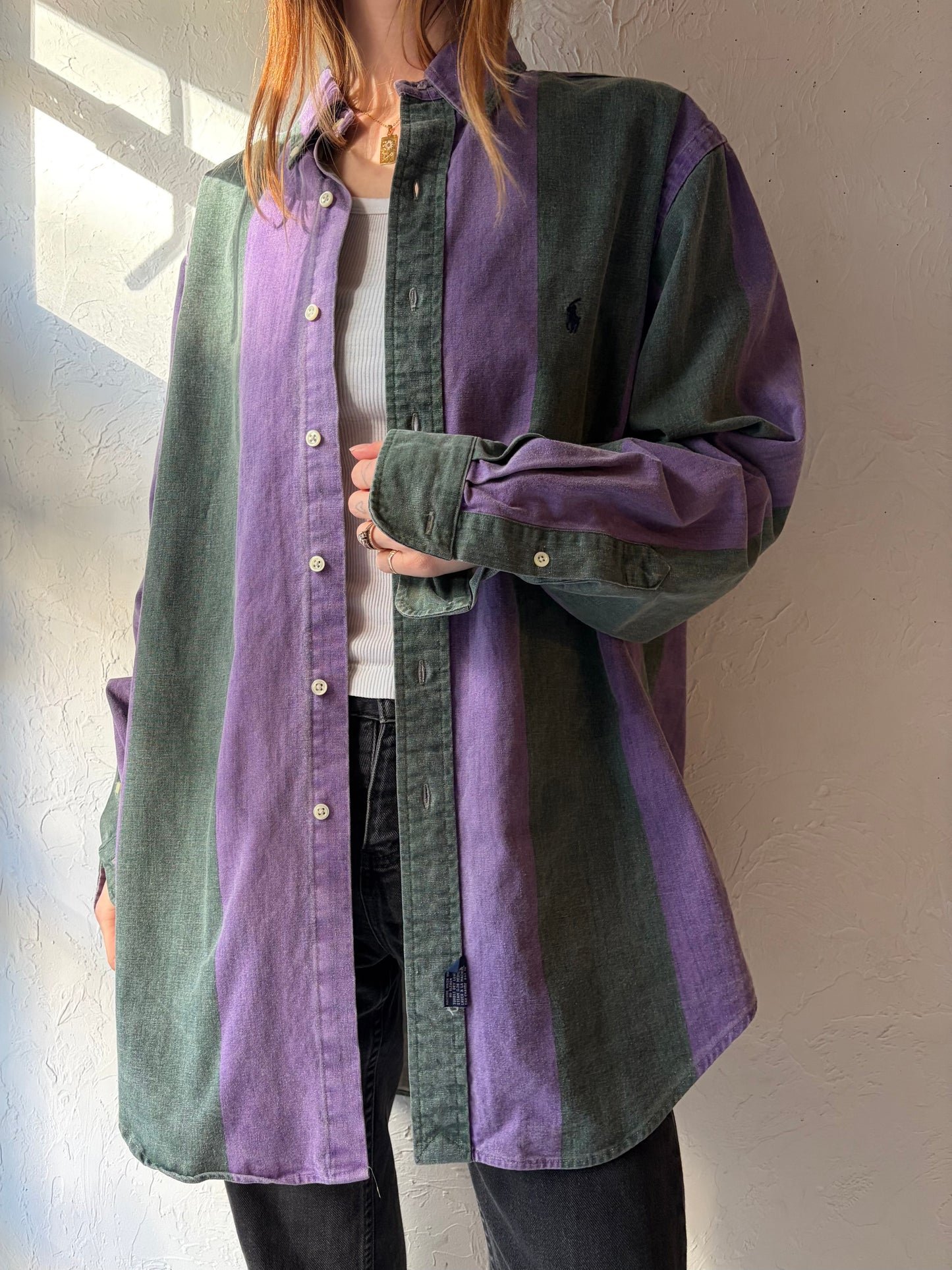 90s 'Ralph Lauren' Striped Button Up Shirt / Large