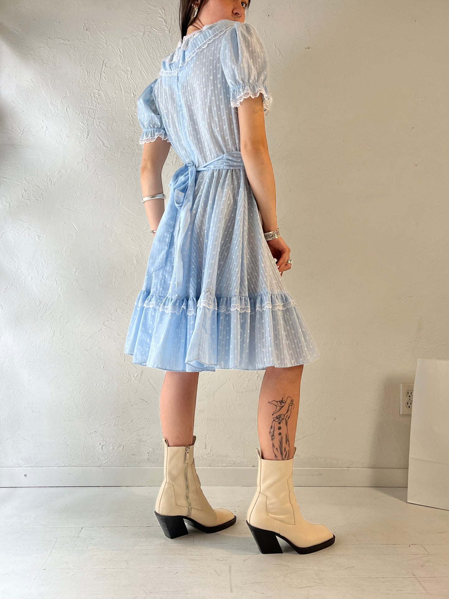 Vintage Handmade Blue Puff Sleeve Prairie Dress / Small