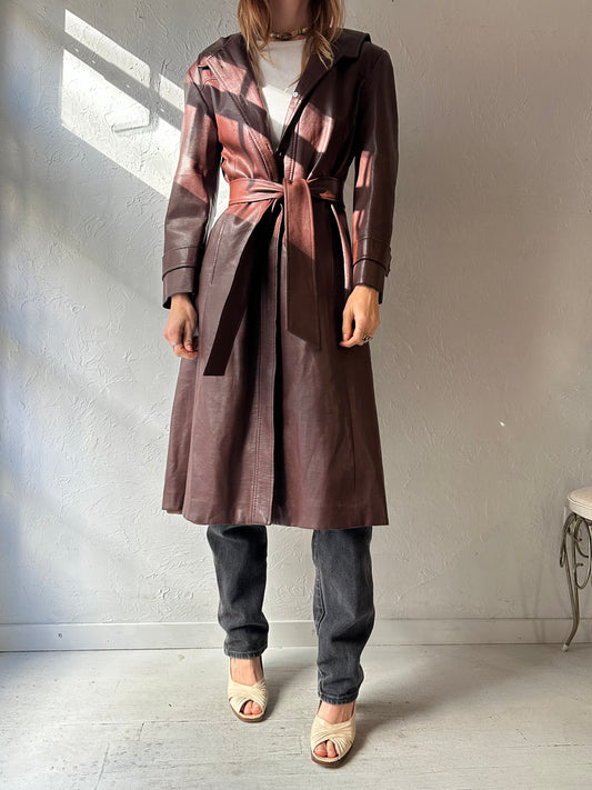 70s Brown Leather Hooded Coat / Small