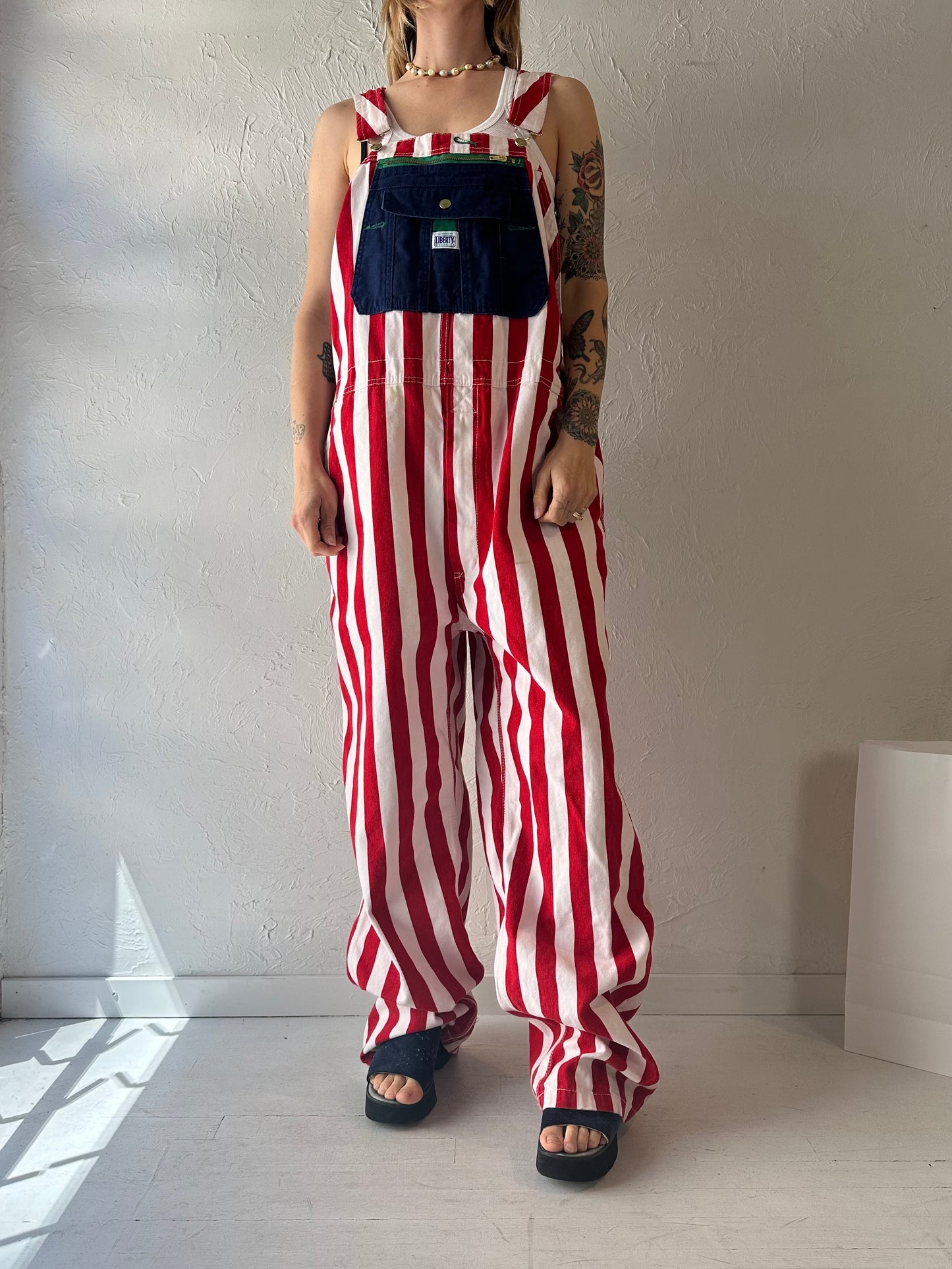 Y2k 'Liberty' Striped Denim Overalls / XL