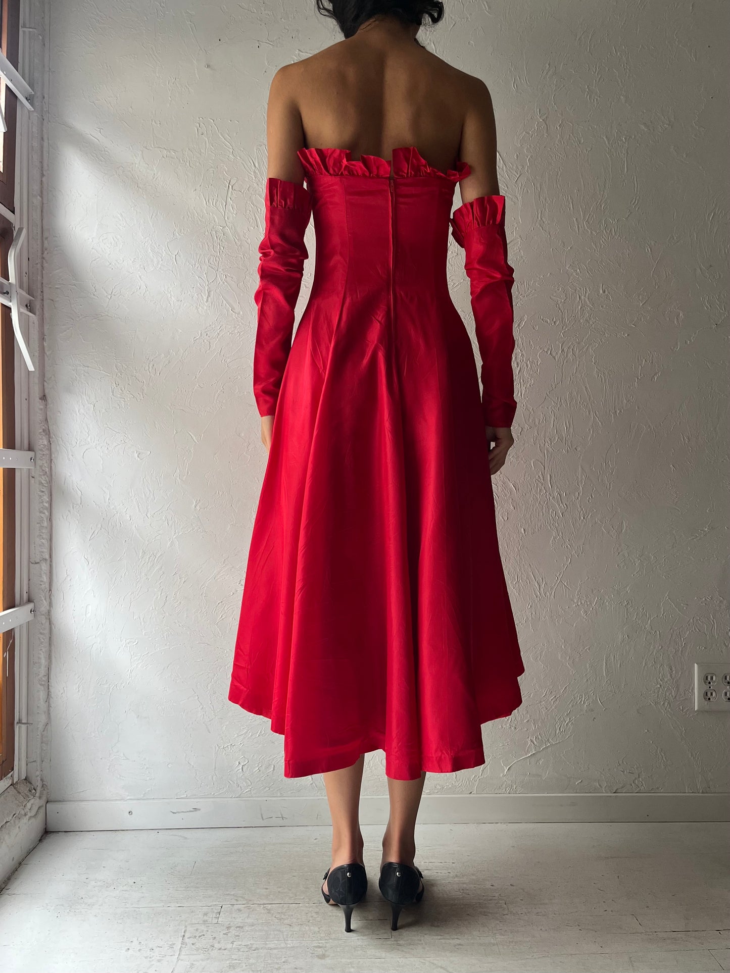 60s Red Strapless Formal Dress / Small