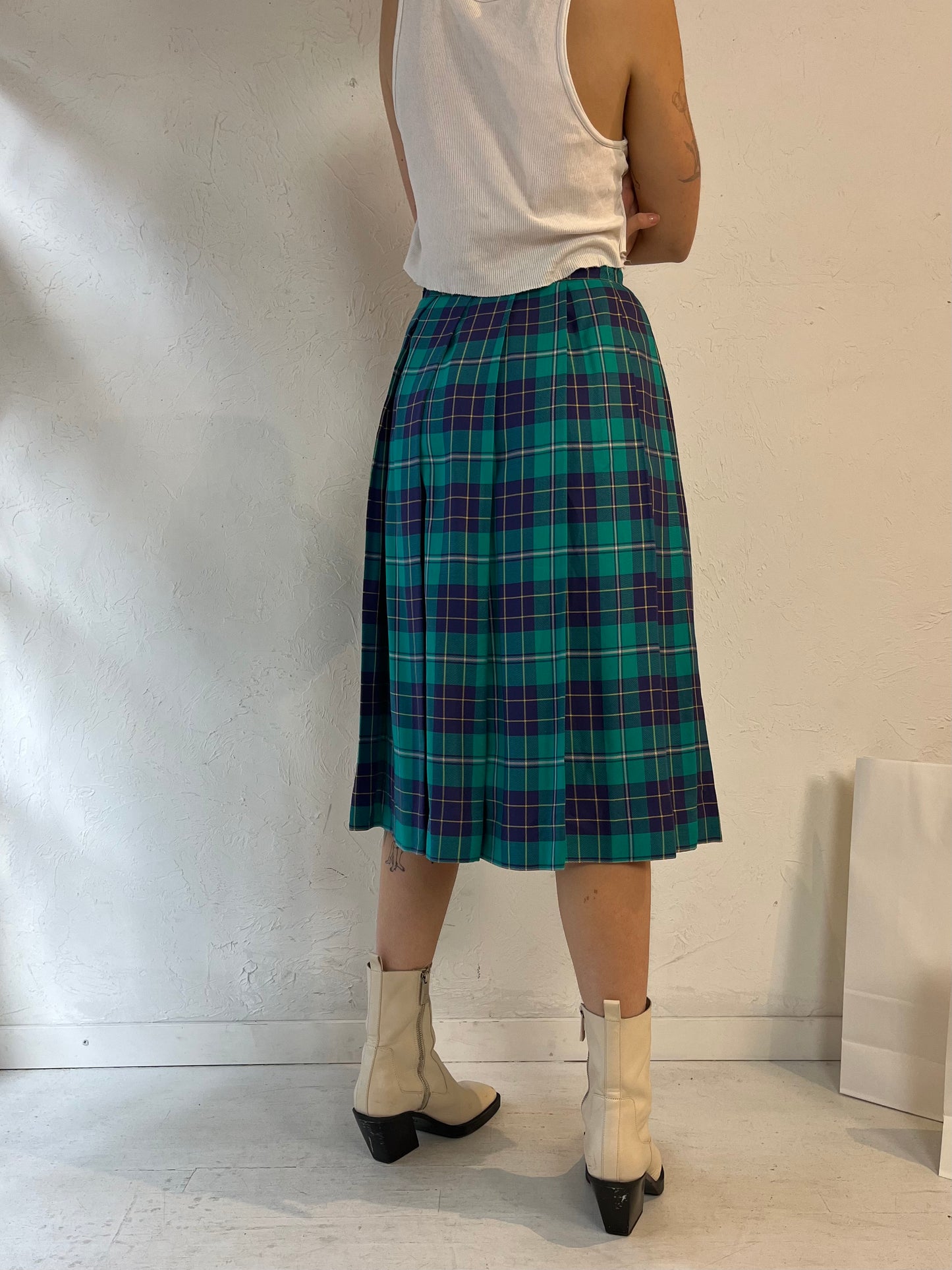 80s 'The Villagers' Teal Plaid Pleated Skirt / Small