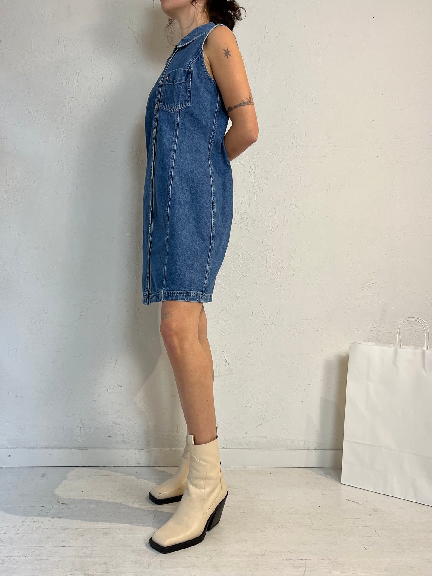 Y2k 'Tommy Hilfiger' Snap Up Denim Mini Dress / Medium