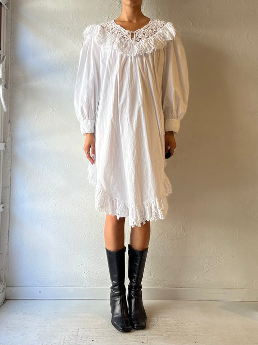 Vintage White Cotton Romantic Dress / Large