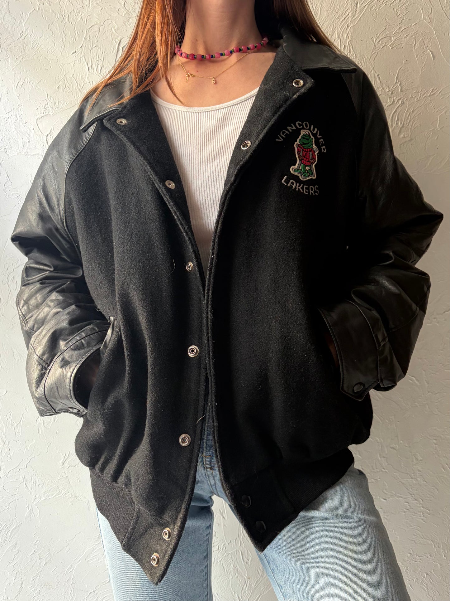 90s 'Lakers' Black Varsity Bomber Jacket / XL