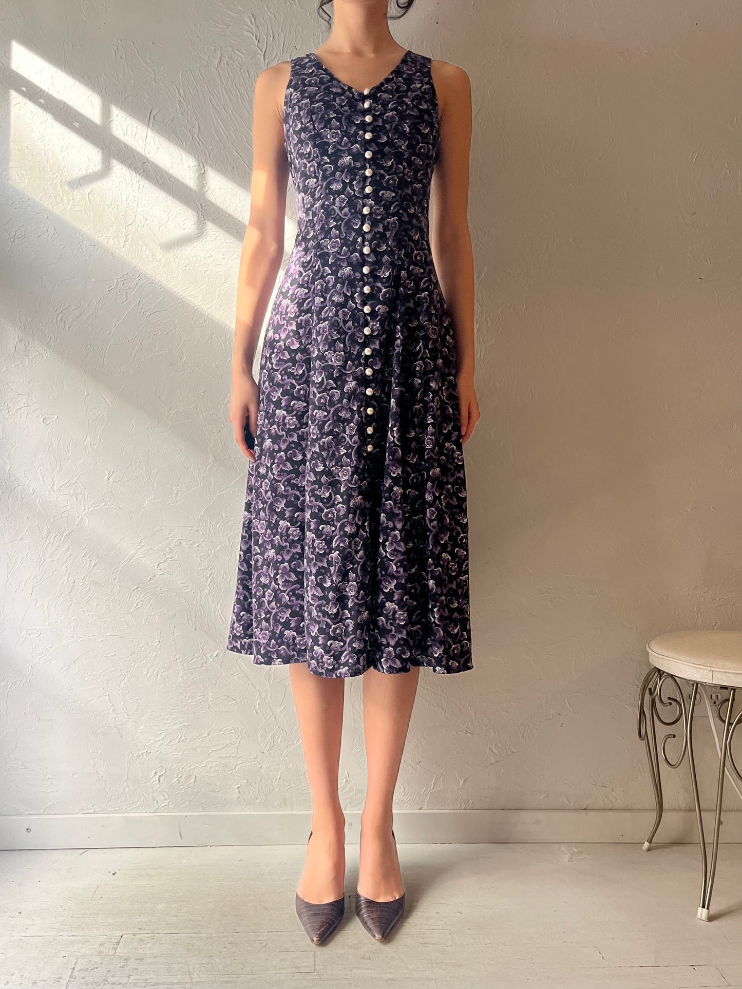 90s 'Paris Sport Club' Purple Floral Dress / Small / 1990s Spring Dress – Vintage 90s Grunge Romantic Dress