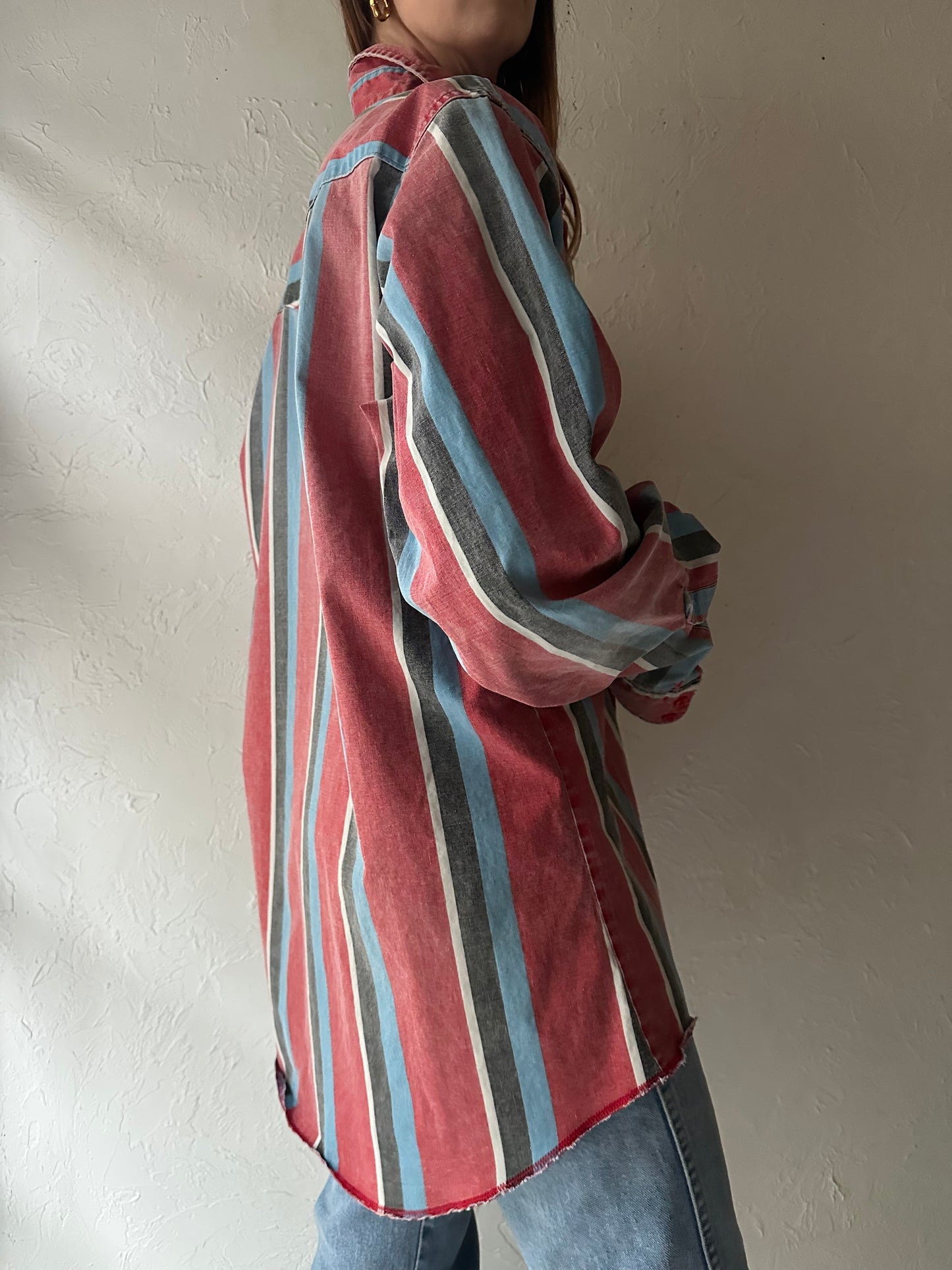 90s ‘Wrangler’ Striped Thick Cotton Western Shirt / Large