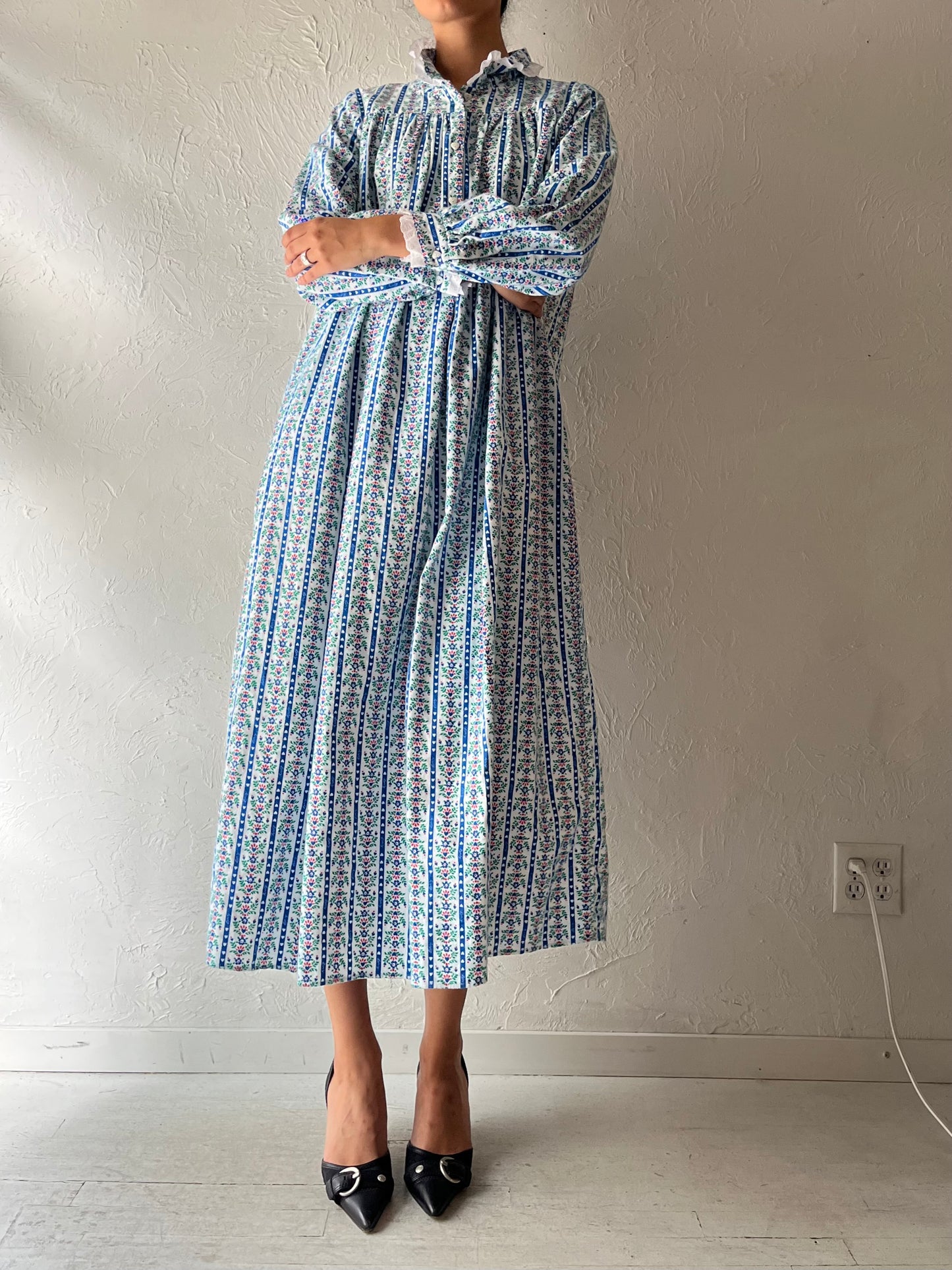 90s 'Saly Lang' Floral Flannel Cottagecore Prairie Maxi Nighty Dress / Vintage 90s Romanic Grannycore Sleep Dress / Medium