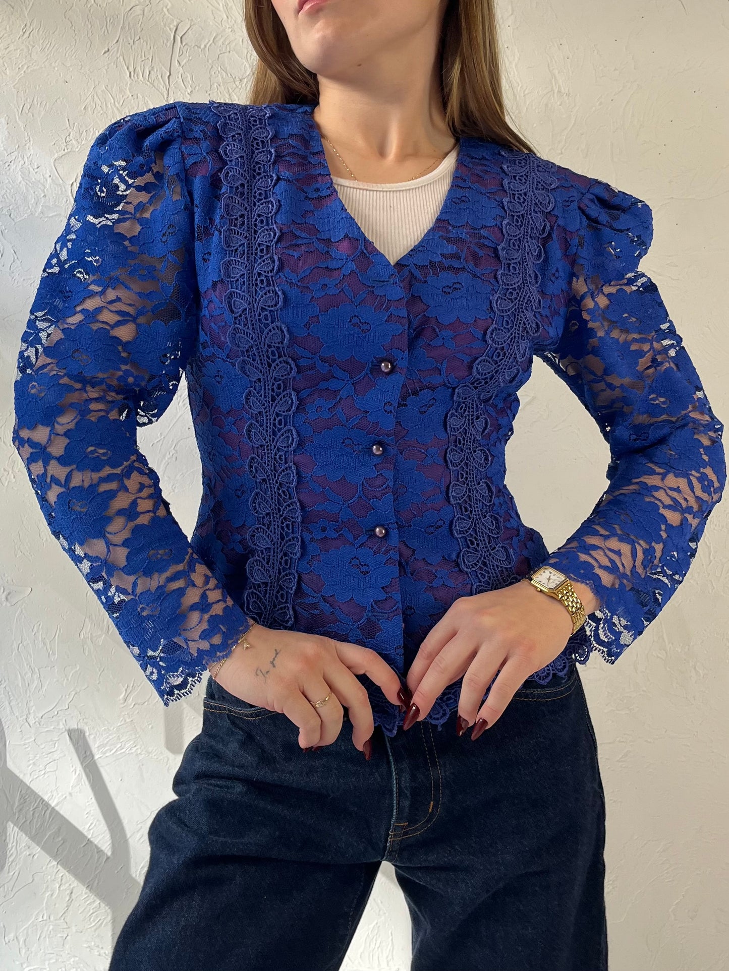 80s ‘Lori Ann’ Blue Lace Jacket / Small