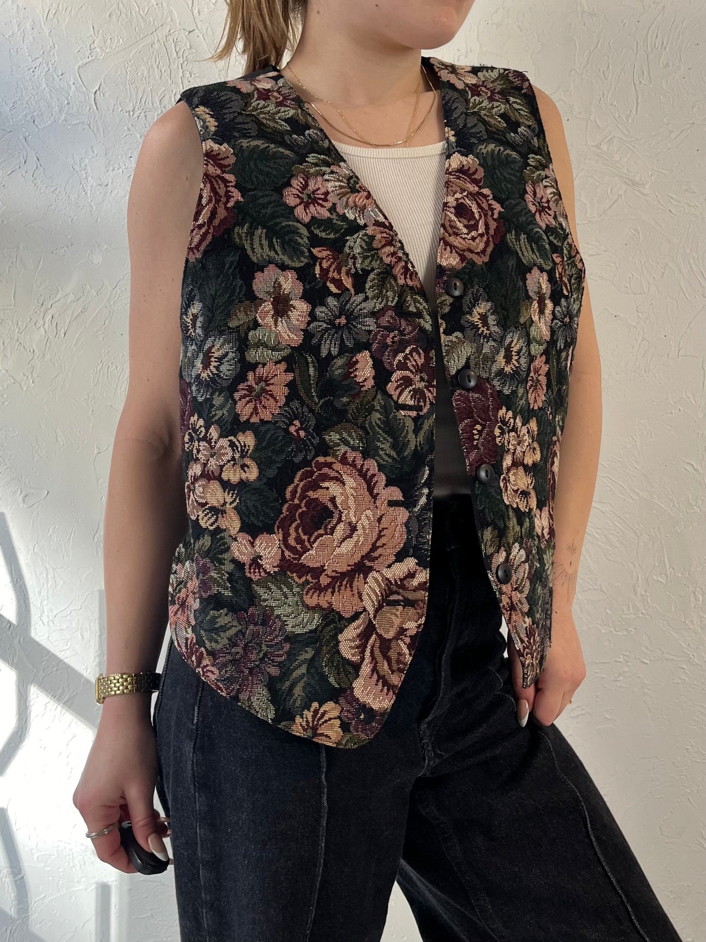 90s 'Weekend Edition' Floral Tapestry Vest / Large