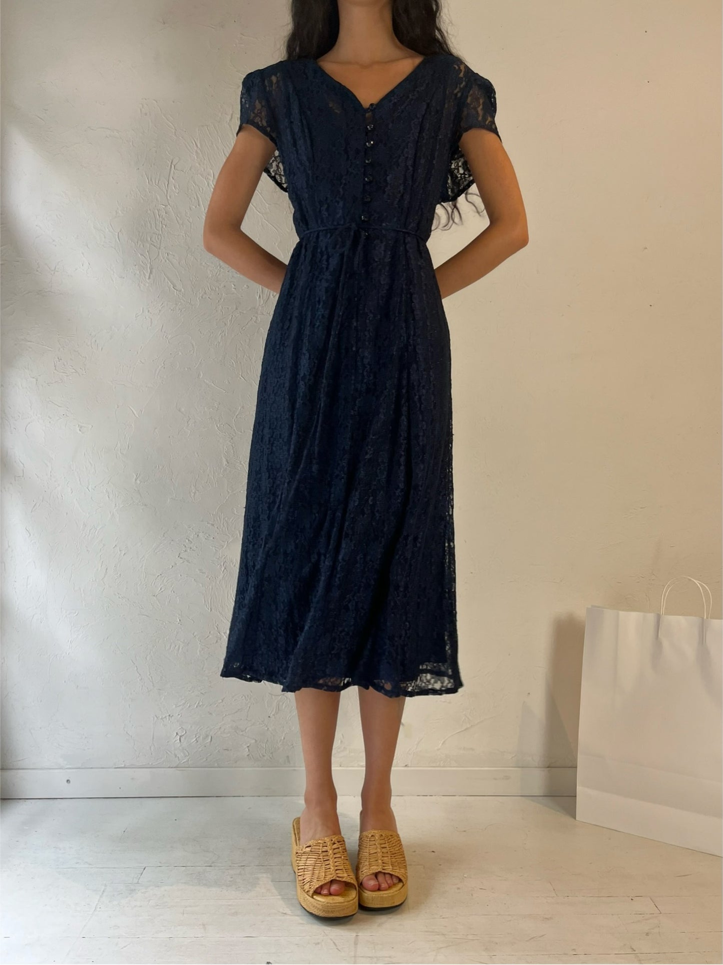 90s 'Joni Blair' Navy Blue Lace Dress / Medium