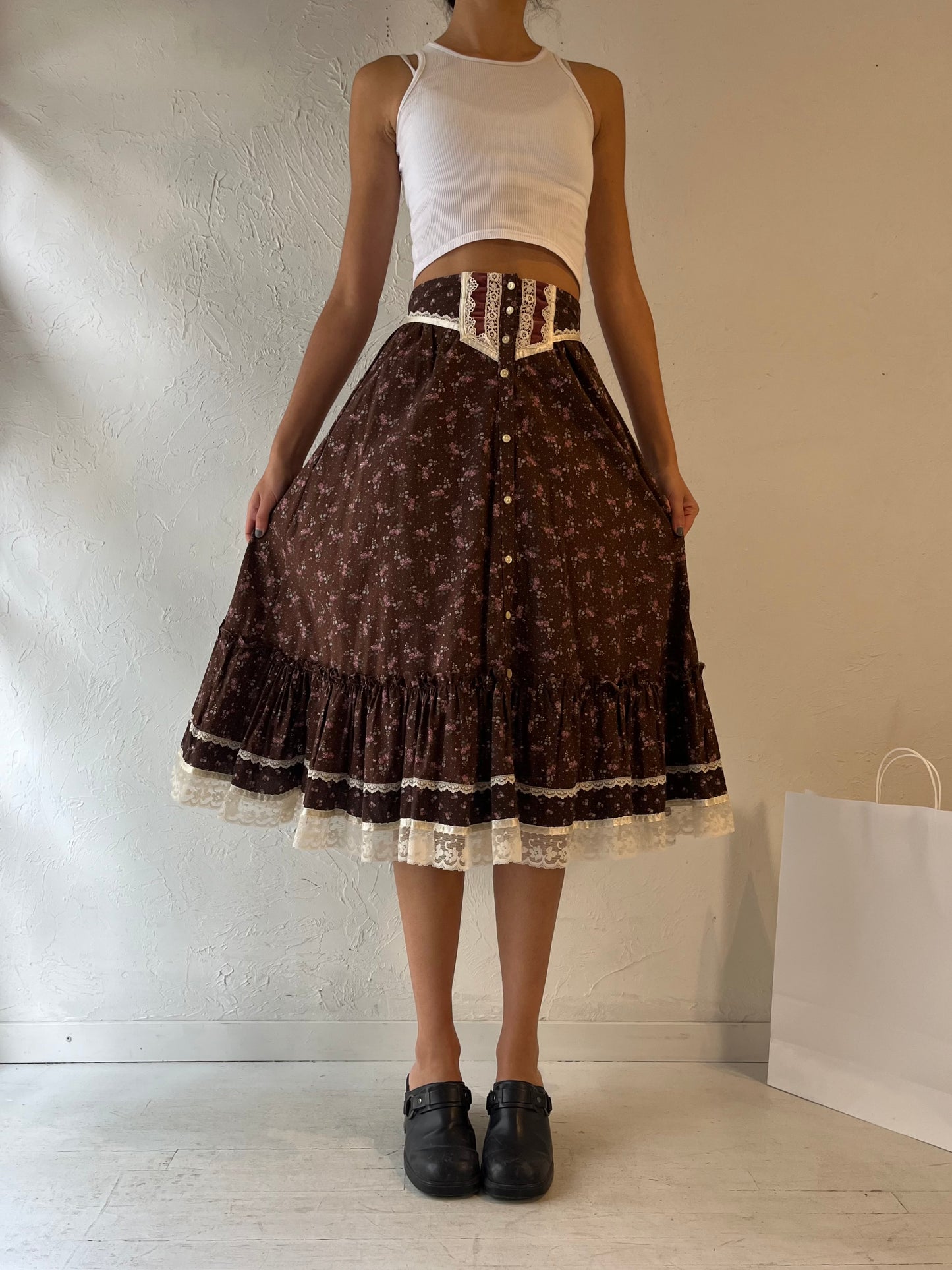 70s 'Gunne Sax' Brown Floral Print Peasant Skirt / Small