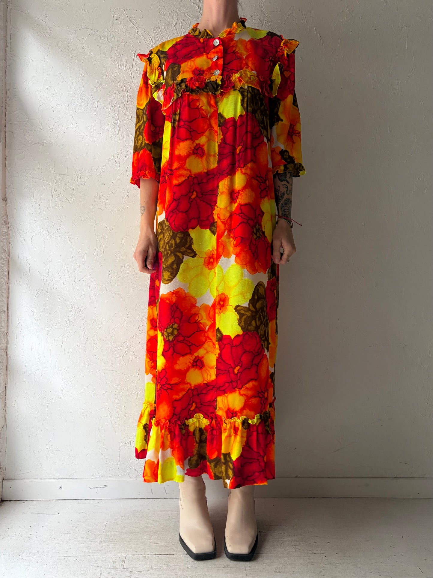 70s 'Hilo Hattie' Neon Floral Print MuuMuu Maxi Dress / Large