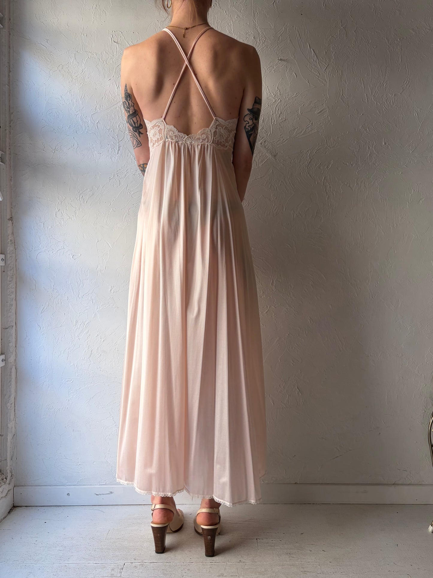 80s 'Miss Elaine' Peach Lacey Maxi Slip Dress / Union Made / Small