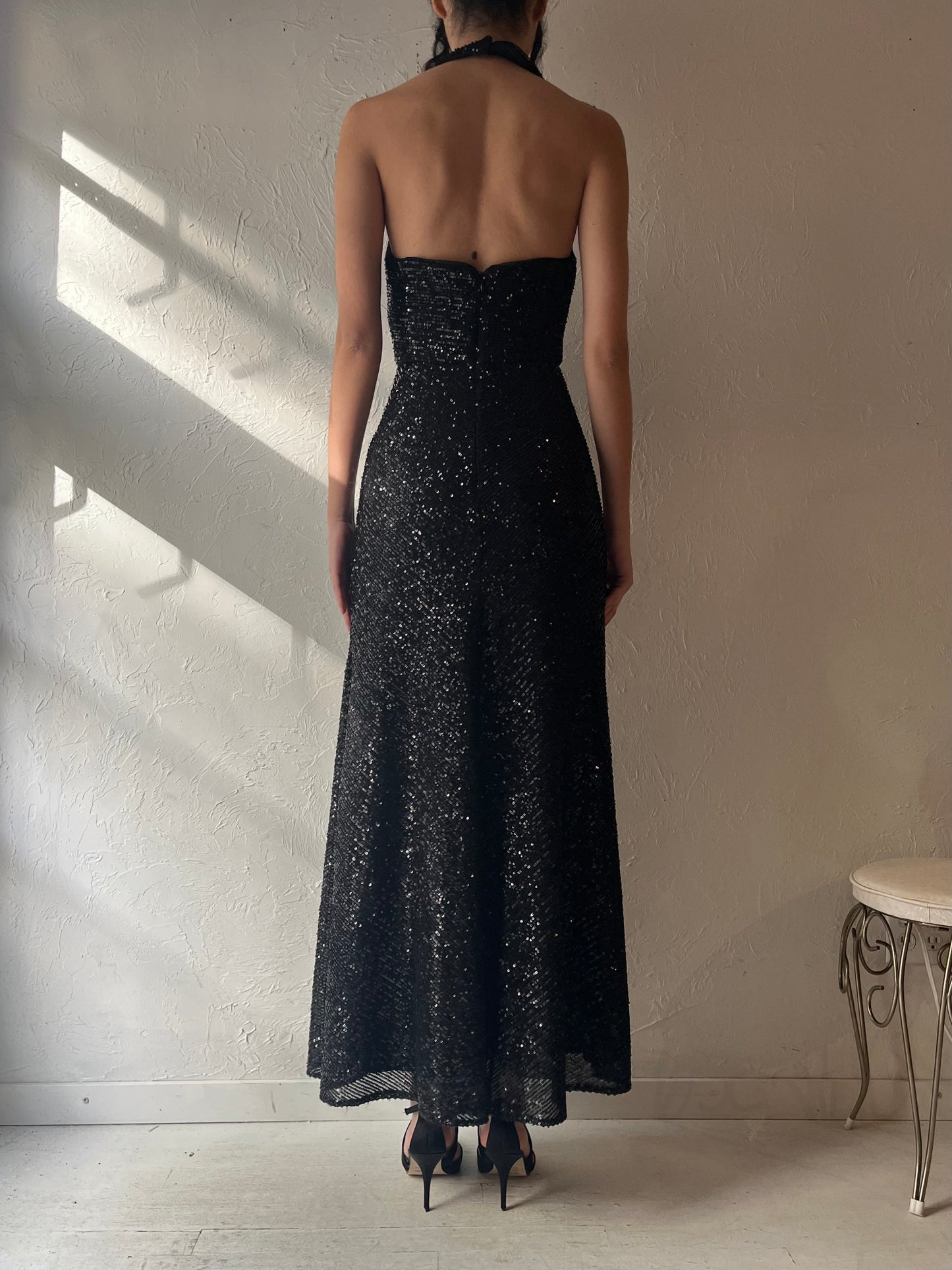 Y2k 'Morgan & Co' Black Sparkly Halter Dress / Small