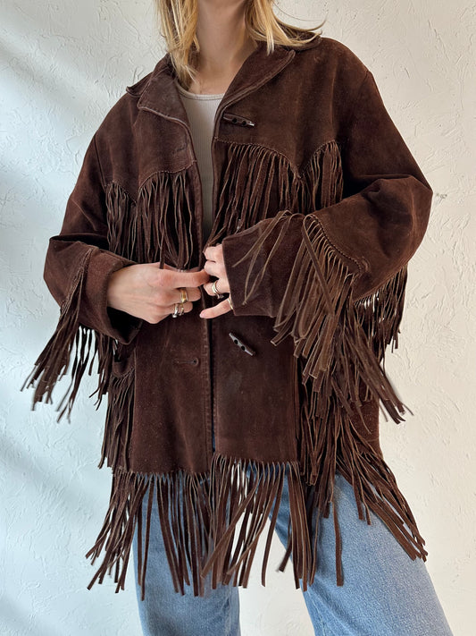 70s 'Sports Master' Brown Suede Leather Fringe Jacket / Medium