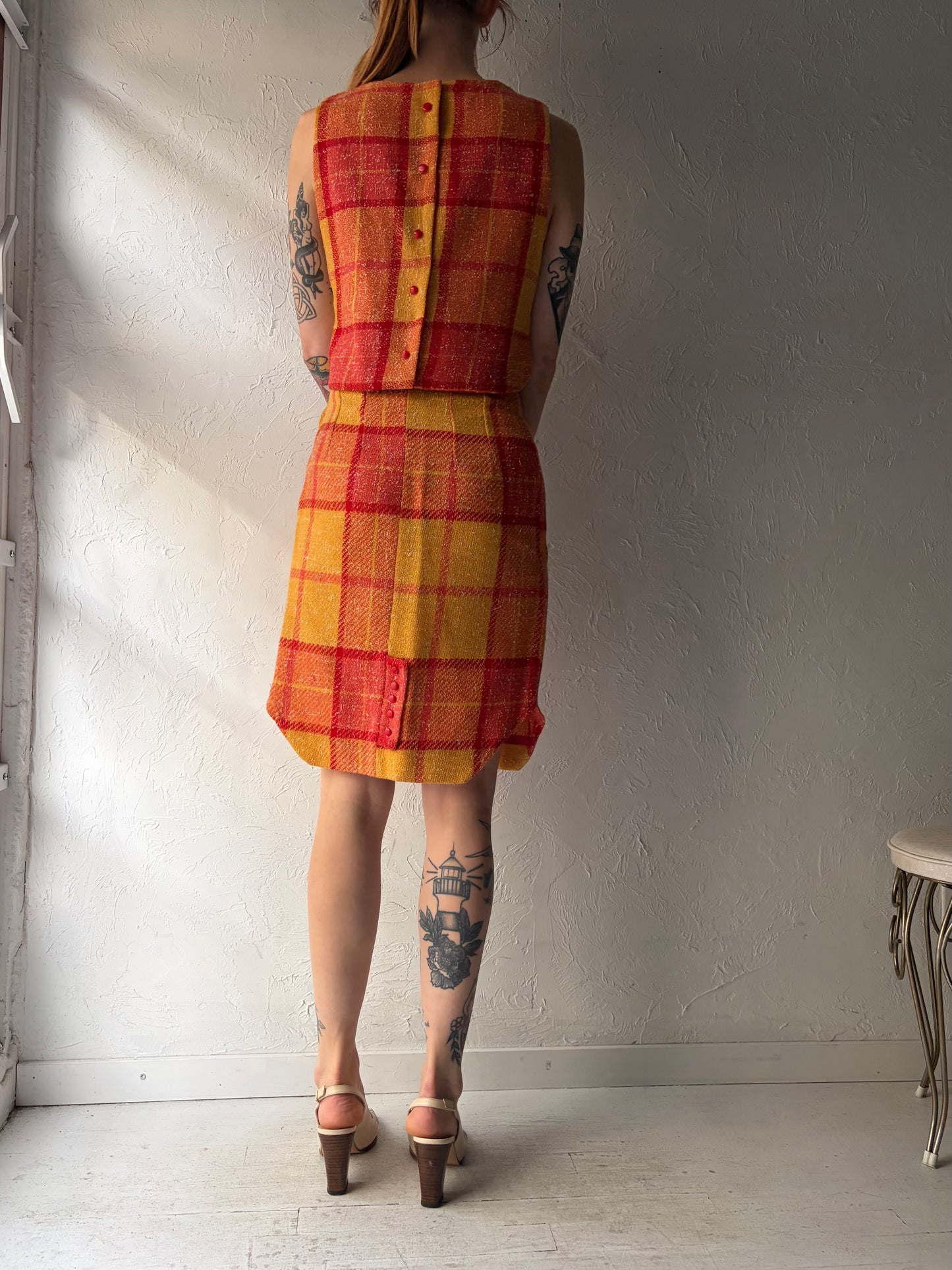 60s Handmade Plaid Skirt and Top Set / XS