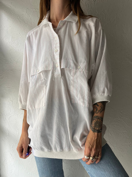 90s Pastel Pink Striped Travel Stamp Print Oversized Pullover Preppy Shirt / Large
