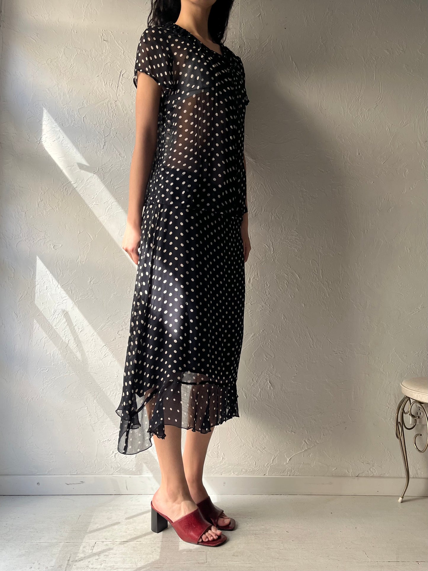 90s 'April Cornell' Polka Dot Rayon Skirt Blouse Set / Large