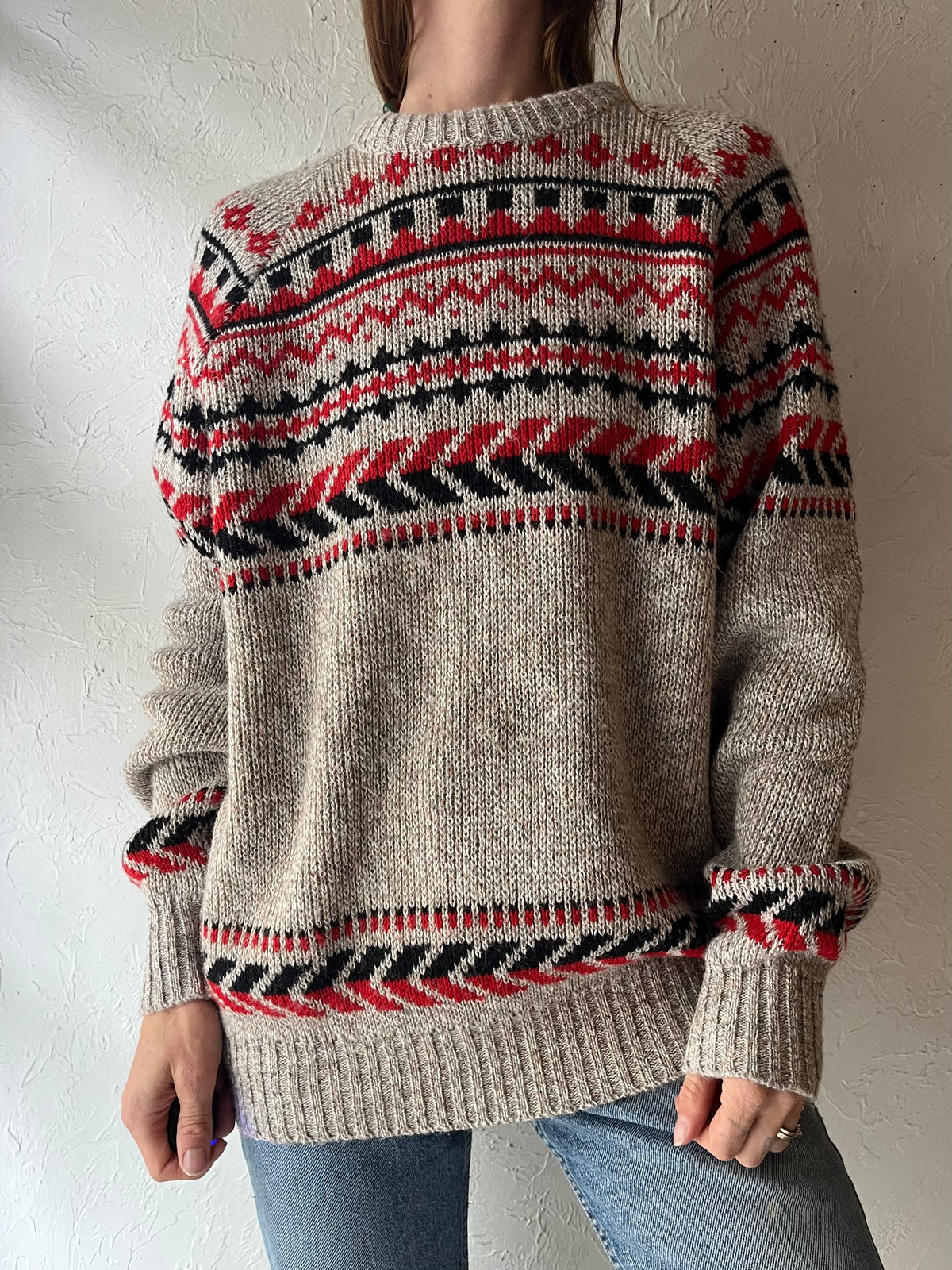 90s 'Rendale Relax' Oversized Nordic Knit Sweater Beige Red Black Geometric Crew Neck Pullover / Large