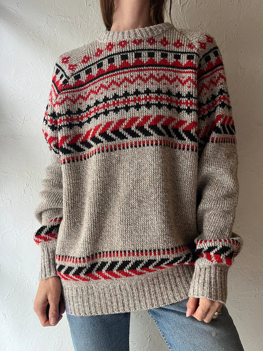 90s 'Rendale Relax' Oversized Nordic Knit Sweater Beige Red Black Geometric Crew Neck Pullover / Large