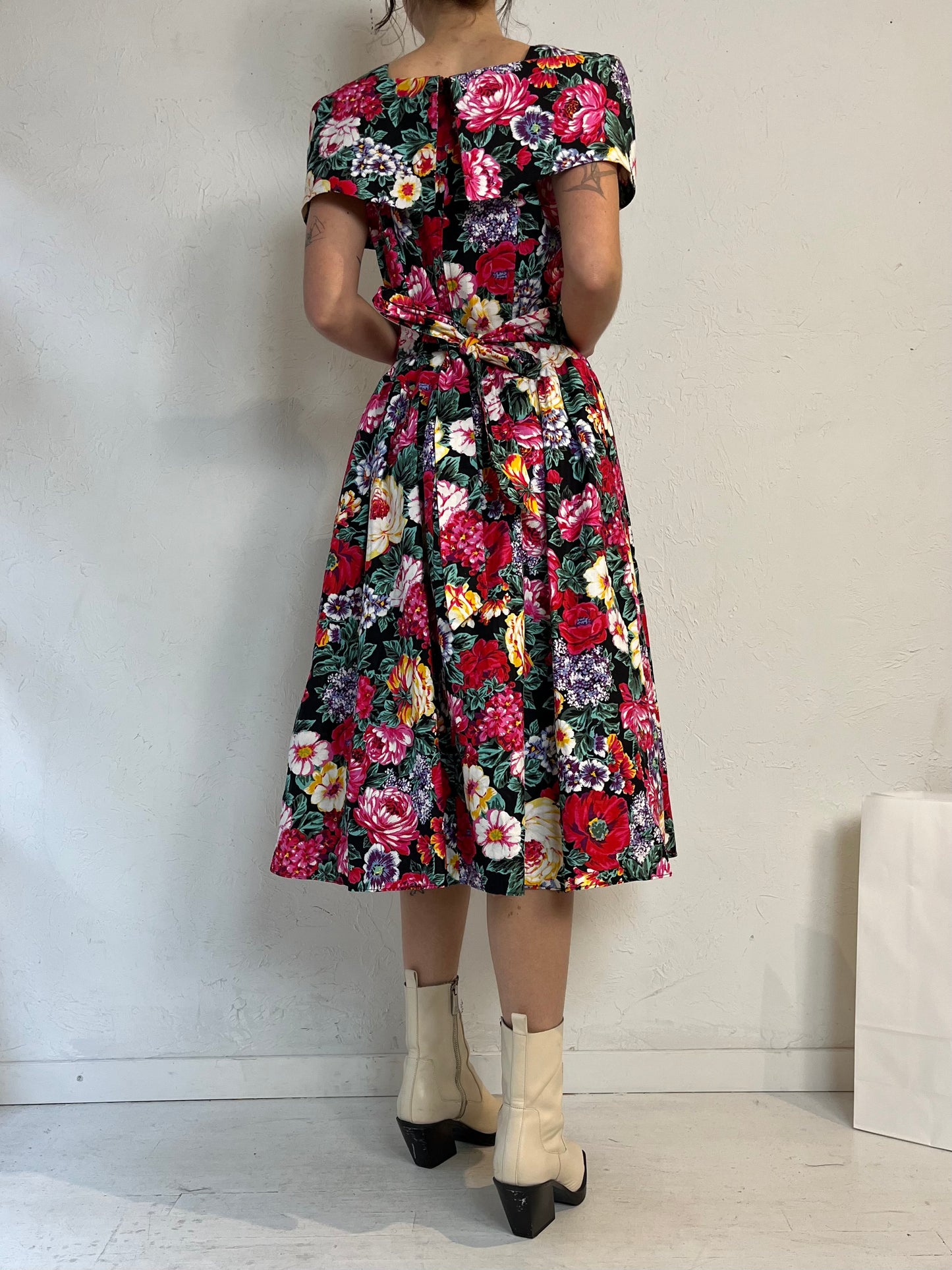 90s 'Dramatix' Floral Print Cotton Midi Dress / Medium
