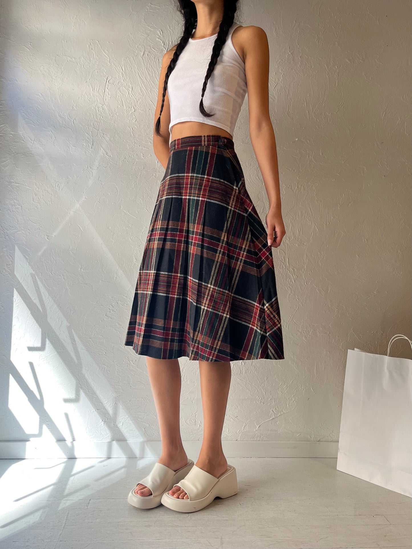 80s 'RT Junior' Knit Plaid Skirt / XS